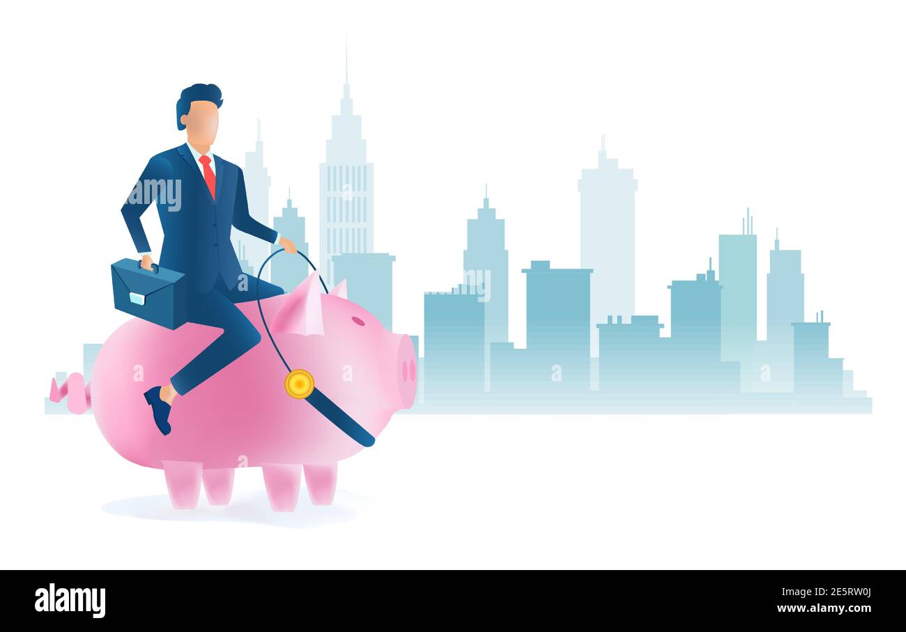 Vector de un hombre de negocios montando un banco de piggy rosa en un paisaje urbano de fondo Ilustración del Vector