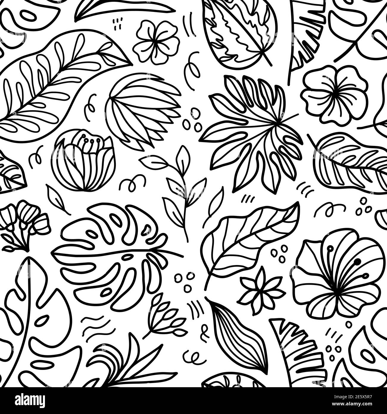 Patrón sin costuras sobre fondo en gráficos vectoriales - hojas tropicales negras y flores. Para textiles, cubiertas, estampados para envolver Imagen Vector de stock - Alamy