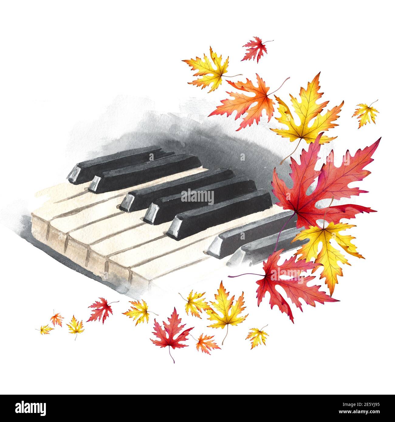 Teclas de piano y coloridas hojas otoñales. Concepto de música de otoño.  Ilustración de acuarela dibujada a mano aislada sobre fondo blanco  Fotografía de stock - Alamy