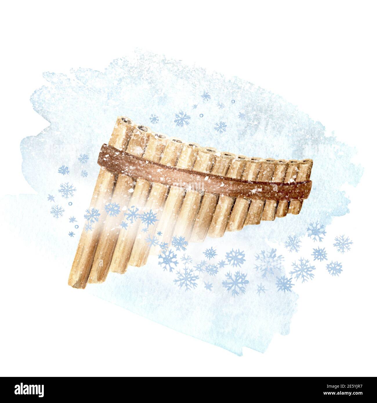 Flauta de pan de madera o pipa, instrumentos de viento Musical y copos de  nieve. Concepto de canción de invierno. Ilustración de acuarela dibujada a  mano aislada sobre fondo blanco Fotografía de