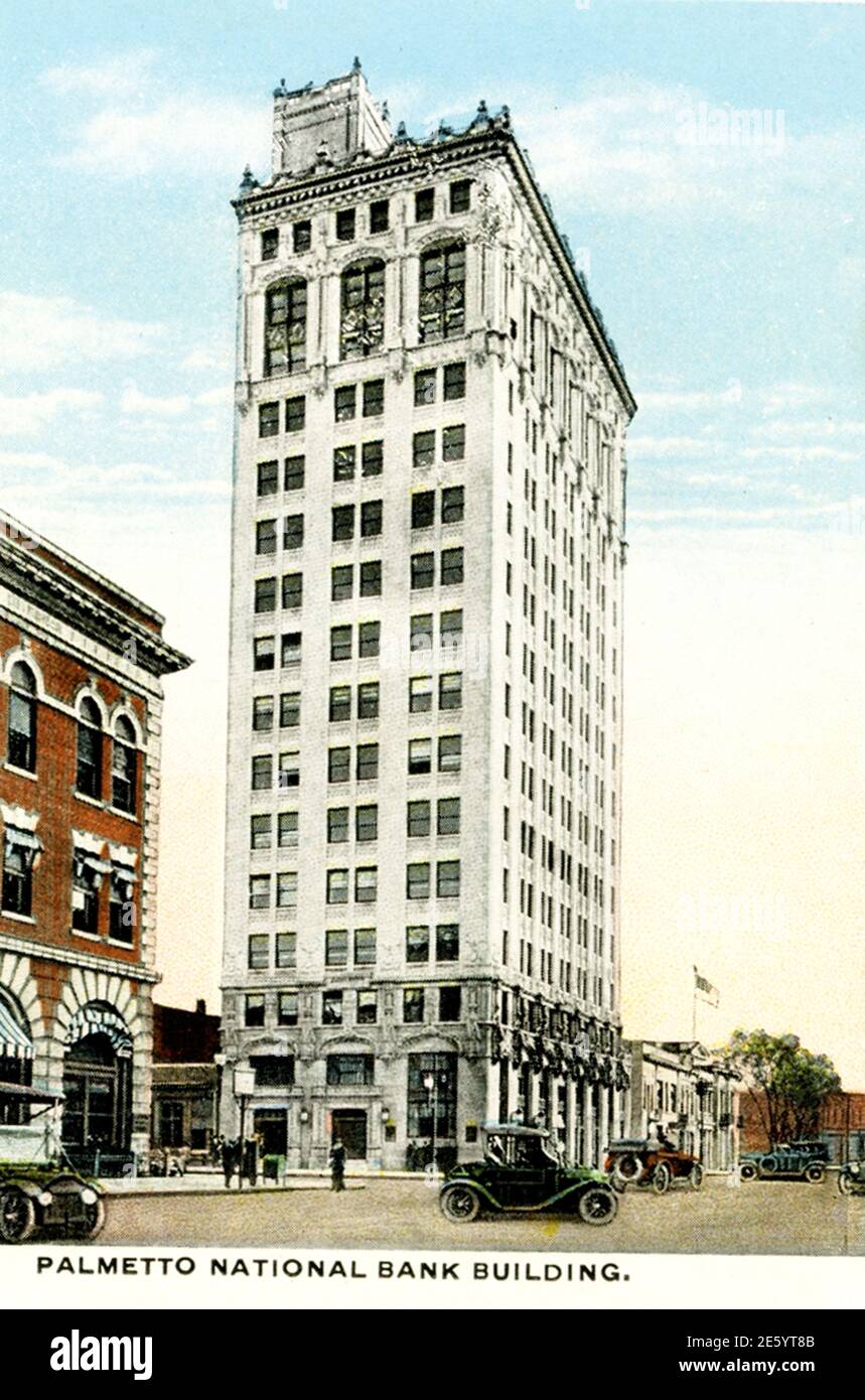 Columbia Carolina del Sur 1918. Main Street en el Capitolio del Estado. Edificio del Banco Nacional Palmetto Foto de stock