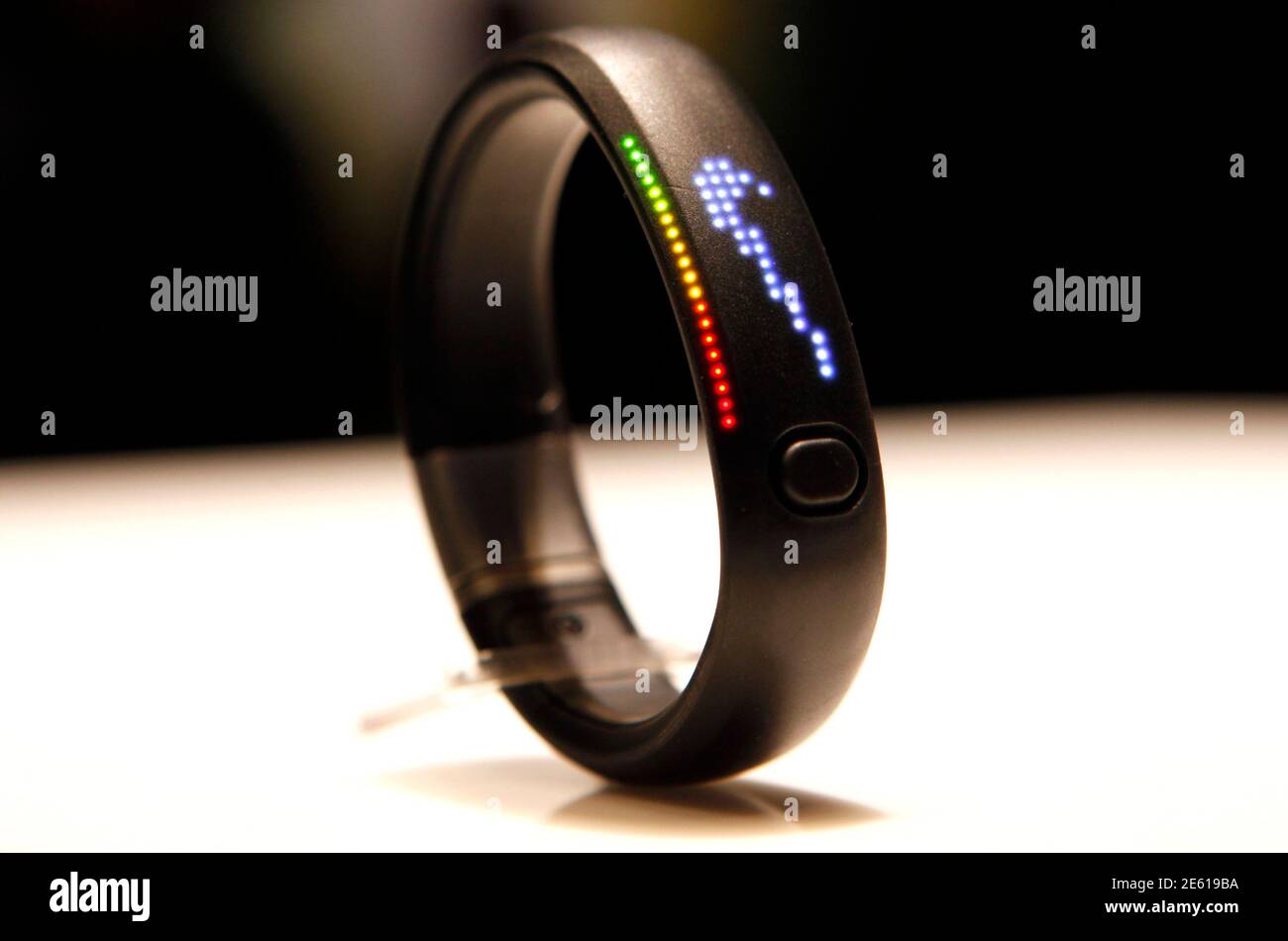 The new NIKE+ FuelBand, an innovative wristband that tracks and measures  everyday movement for, what Nike says, is to motivate and inspire people to  be more active, is seen on display at
