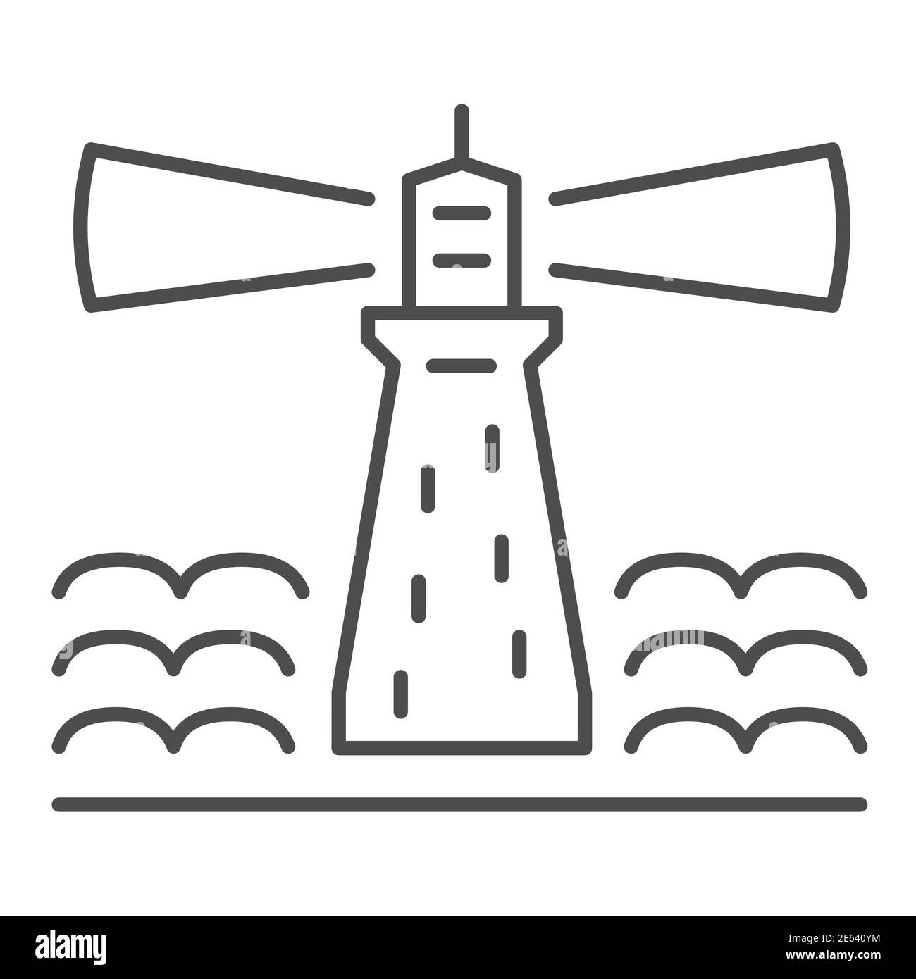 Faro icono de línea fina, concepto náutico, señal de playa señal de faro signo sobre fondo blanco, luminoso faro icono en estilo contorno para móviles Ilustración del Vector