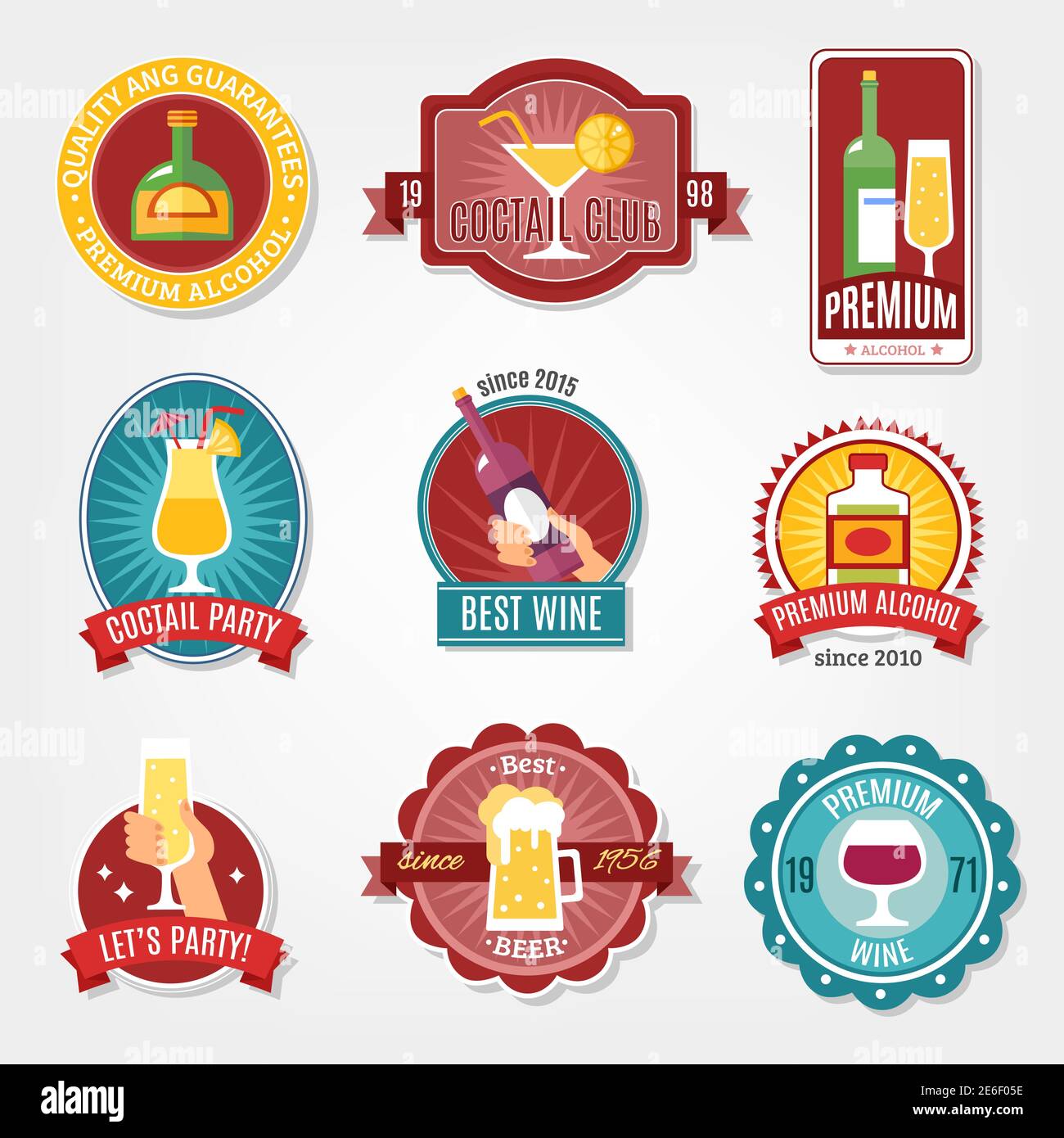 Etiquetas de alcohol de diseño plano para el mejor vino y alto bebidas alcohólicas de calidad ilustración vectorial aislada Ilustración del Vector
