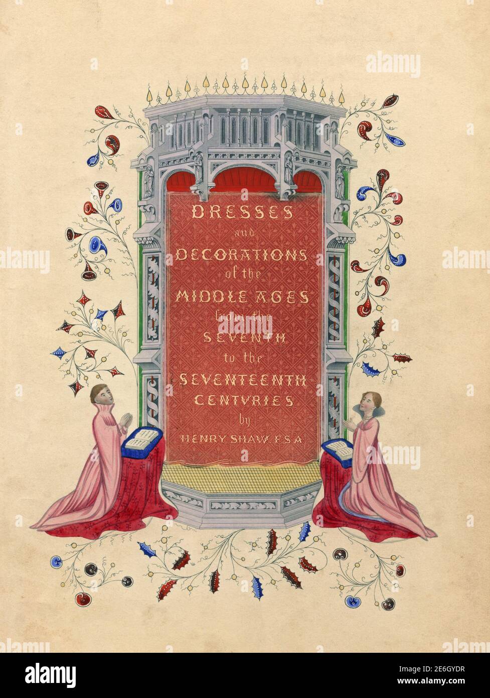 Portada del libro Vestidos y decoraciones de la Edad Media, impreso por el artista británico Henry Shaw, 1840 Foto de stock