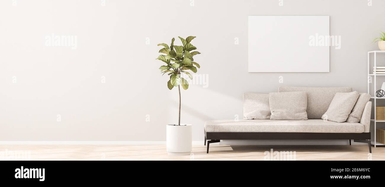 Sofá de estilo chaiselongue en un apartamento con un árbol de higos, un estante y un lienzo de artistas de mockup en la pared. Luz del sol que emitan sombras. renderizar en 3d. Web b Foto de stock