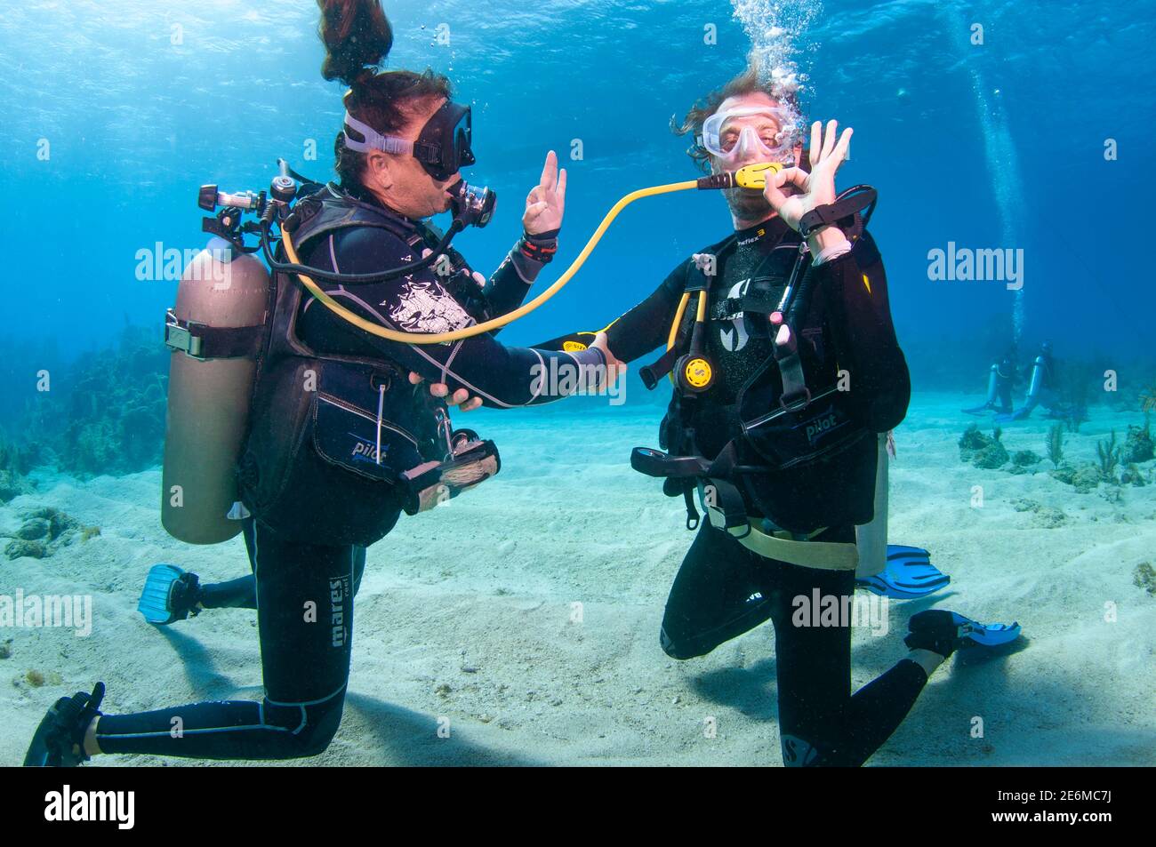 Instructor de buceo con estudiante dando cinco bajo el agua durante una clase de enseñanza de buceo en el mar Caribe. West End, Roatán, Islas de la Bahi Foto de stock