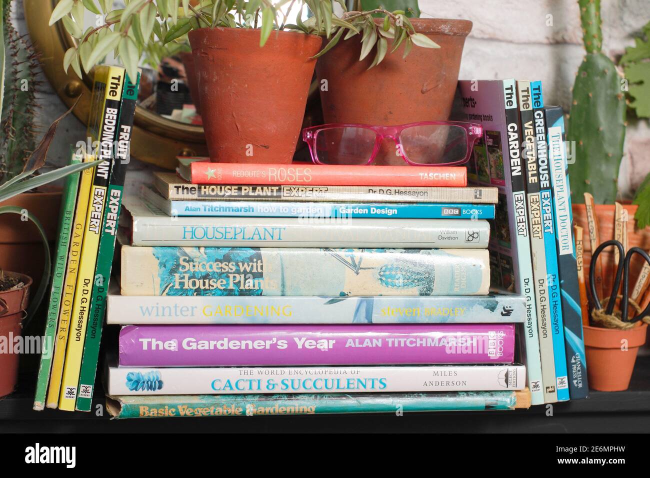 Pila de libros de jardinería en una estantería con plantas de casa y vasos de lectura. REINO UNIDO Foto de stock