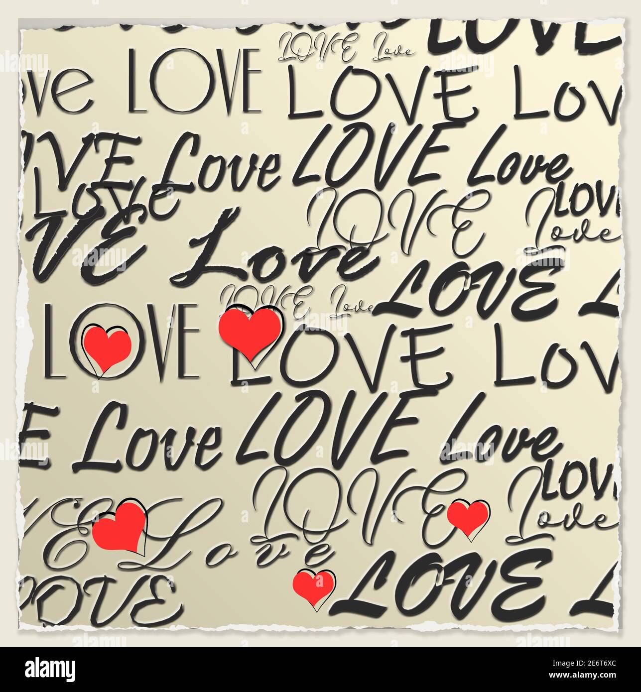 Tarjeta de amor con texto amor, corazones rojos en oro vintage color