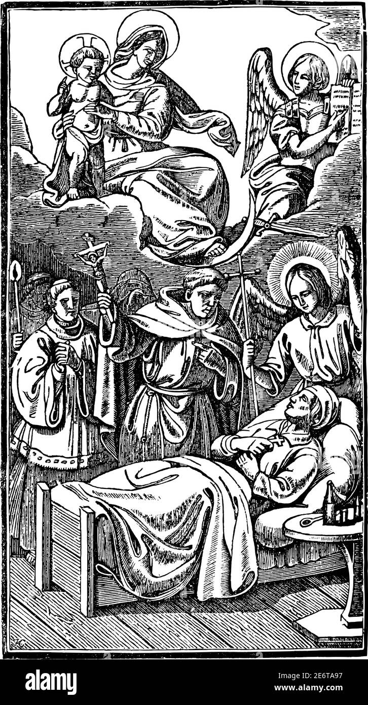 Sacerdote dando la última bendición al hombre moribundo o orando por su recuperación. Antiguo grabado religioso cristiano vintage o dibujo de ilustración. Ilustración del Vector