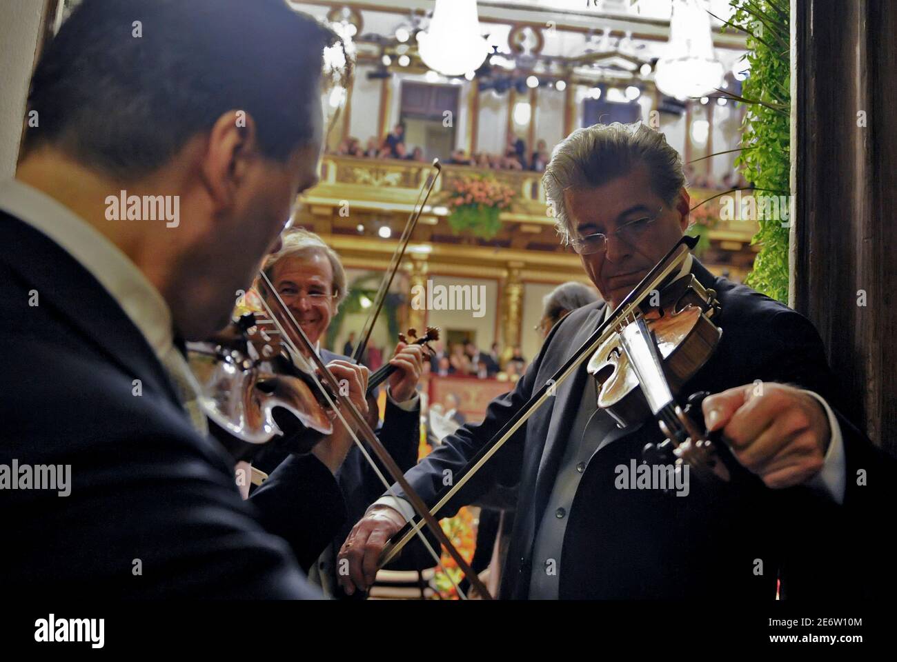 Violinists of the Vienna Philharmonic Orchestra tune their instruments  during the New Year's Concert 2010 in Vienna's "Goldener Musikvereinsaal"  January 1, 2010. REUTERS/Herwig Prammer (AUSTRIA - Tags: ENTERTAINMENT  SOCIETY Fotografía de stock - Alamy