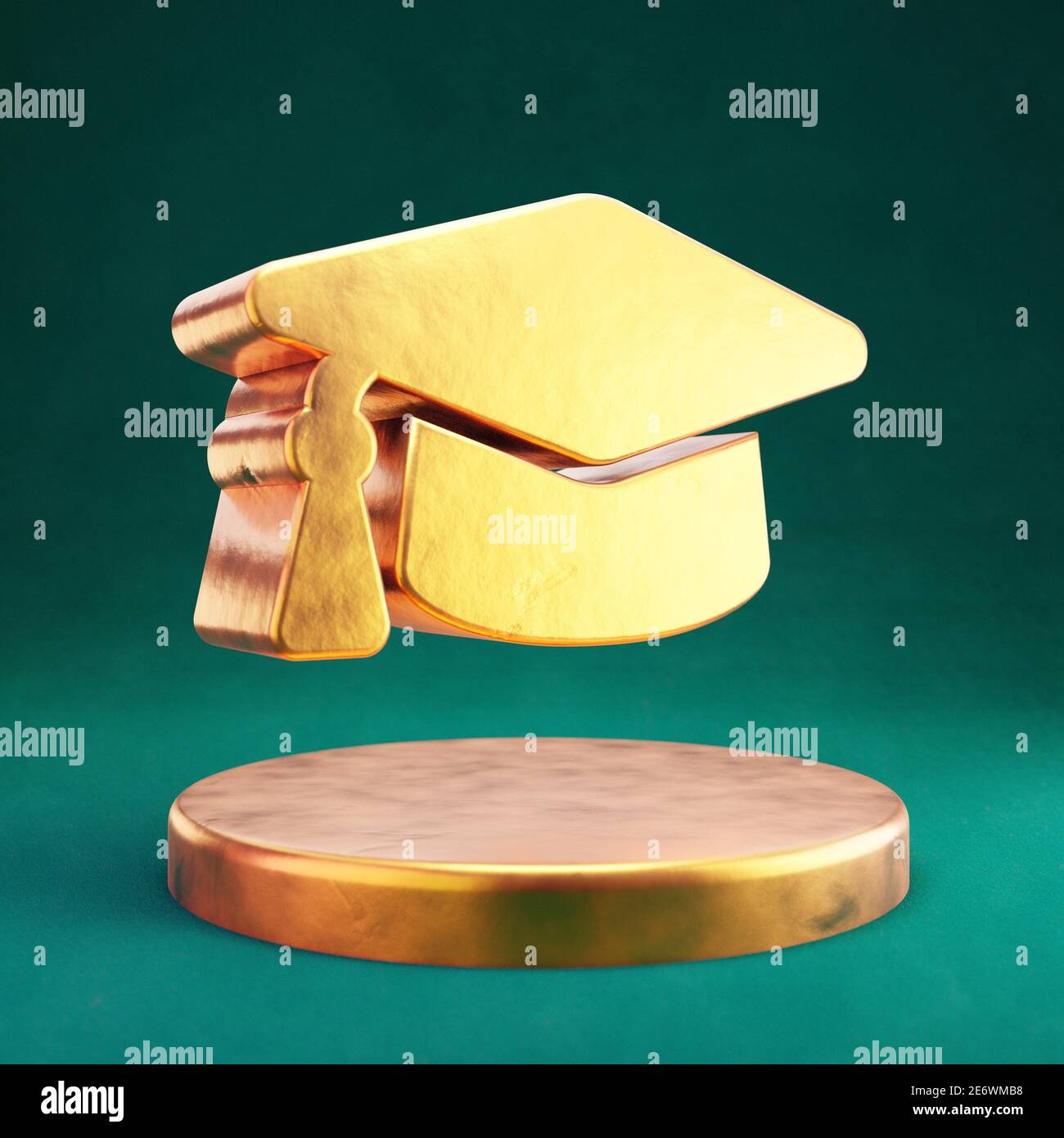 Icono de tapa de graduación. Símbolo de gorra de graduación Fortuna Gold en el podio dorado. Foto de stock