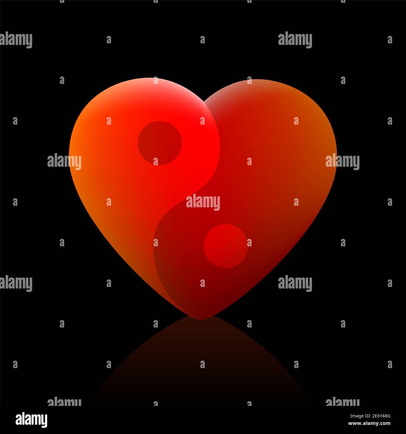 Símbolo Yin Yang con corazón. Simbólico para el amor, la salud, el equilibrio, la armonía, la espiritualidad, la paz y la serenidad - ilustración sobre fondo negro. Foto de stock