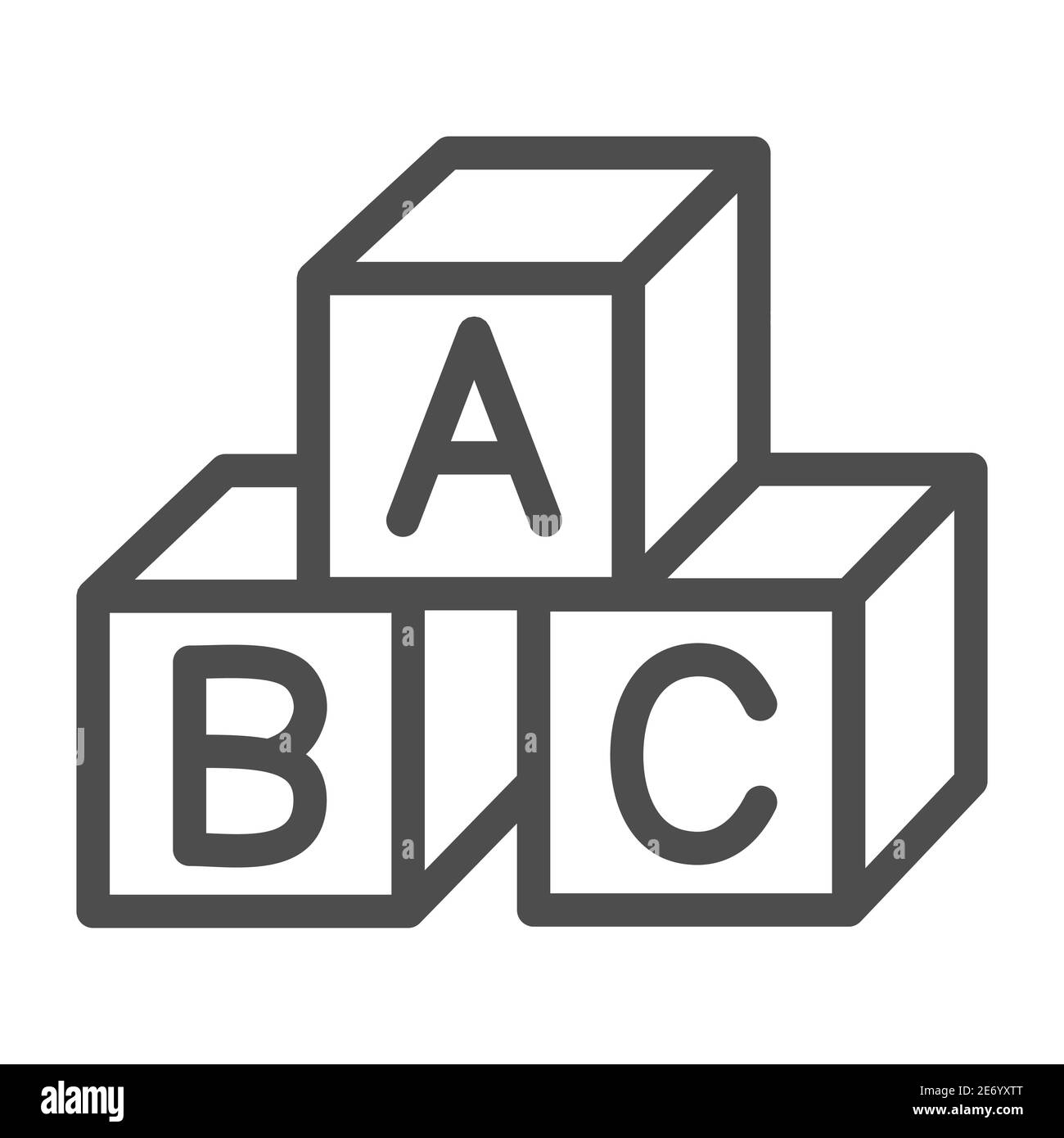 Cubos de niños icono de concepto de educación, cubos de juguete con letras signo sobre fondo blanco, bloques del alfabeto letras A,B,C icono en estilo contorno Imagen Vector de stock