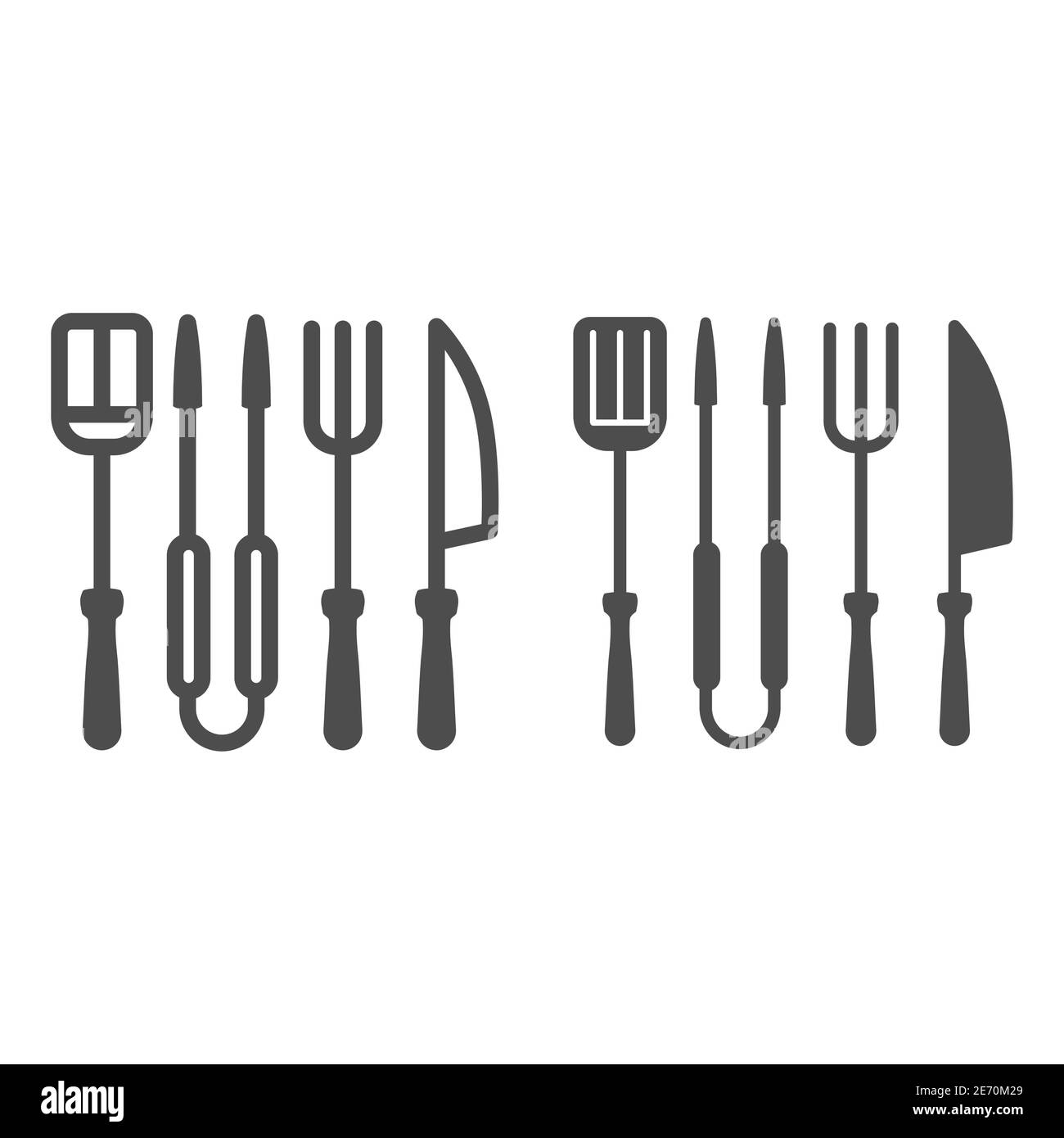 Parrilla de barbacoa Set line e icono sólido, concepto de barbacoa,  herramientas de parrilla de asado signo sobre fondo blanco, espátula,  tenedor, Tongs y cuchillo icono en estilo contorno Imagen Vector de