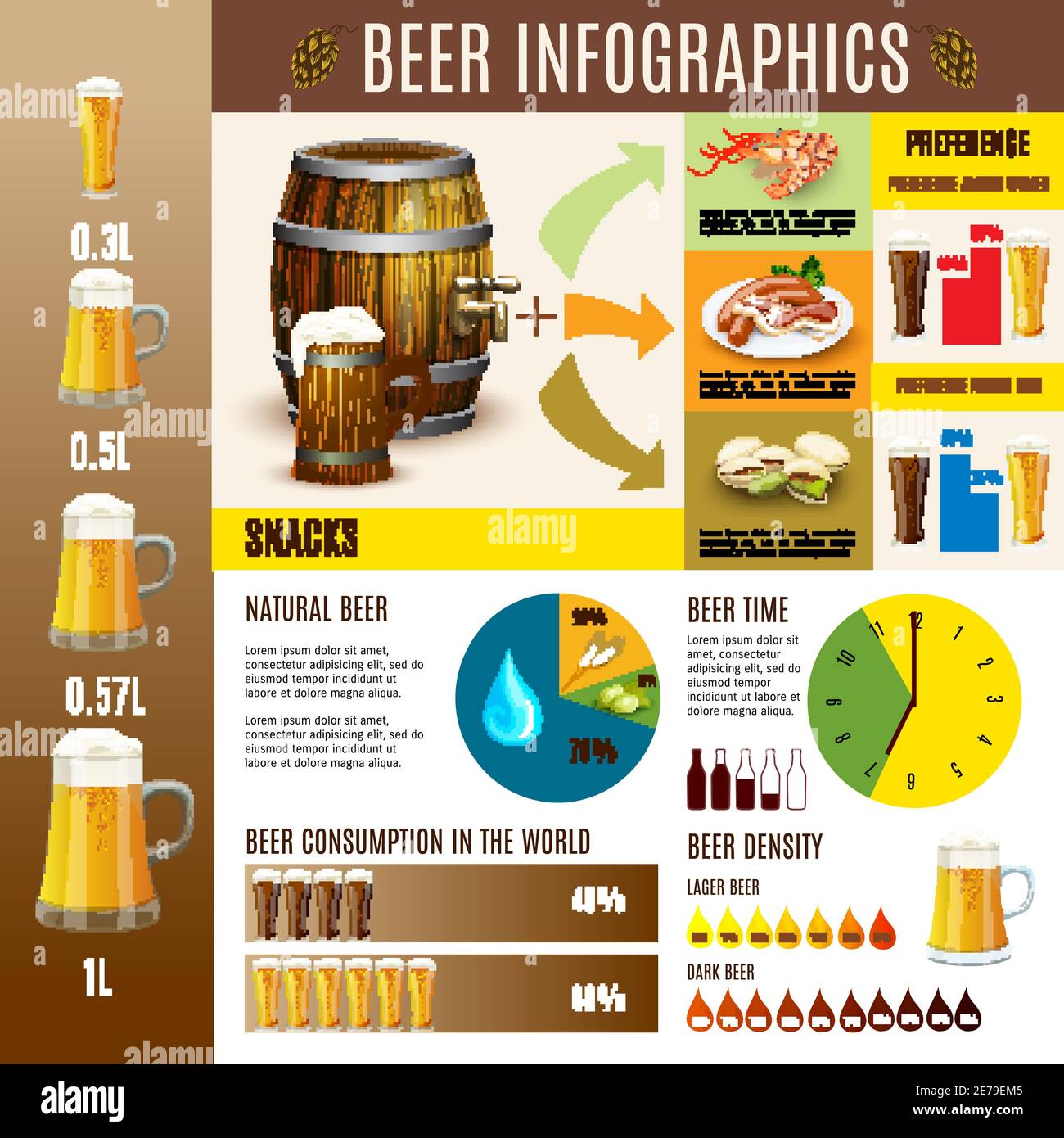 Estadísticas de preferencias de consumo y diagramas de distribución de la producción de cerveza tradicional presentación infográfica diseño plano abstracto vector i Ilustración del Vector