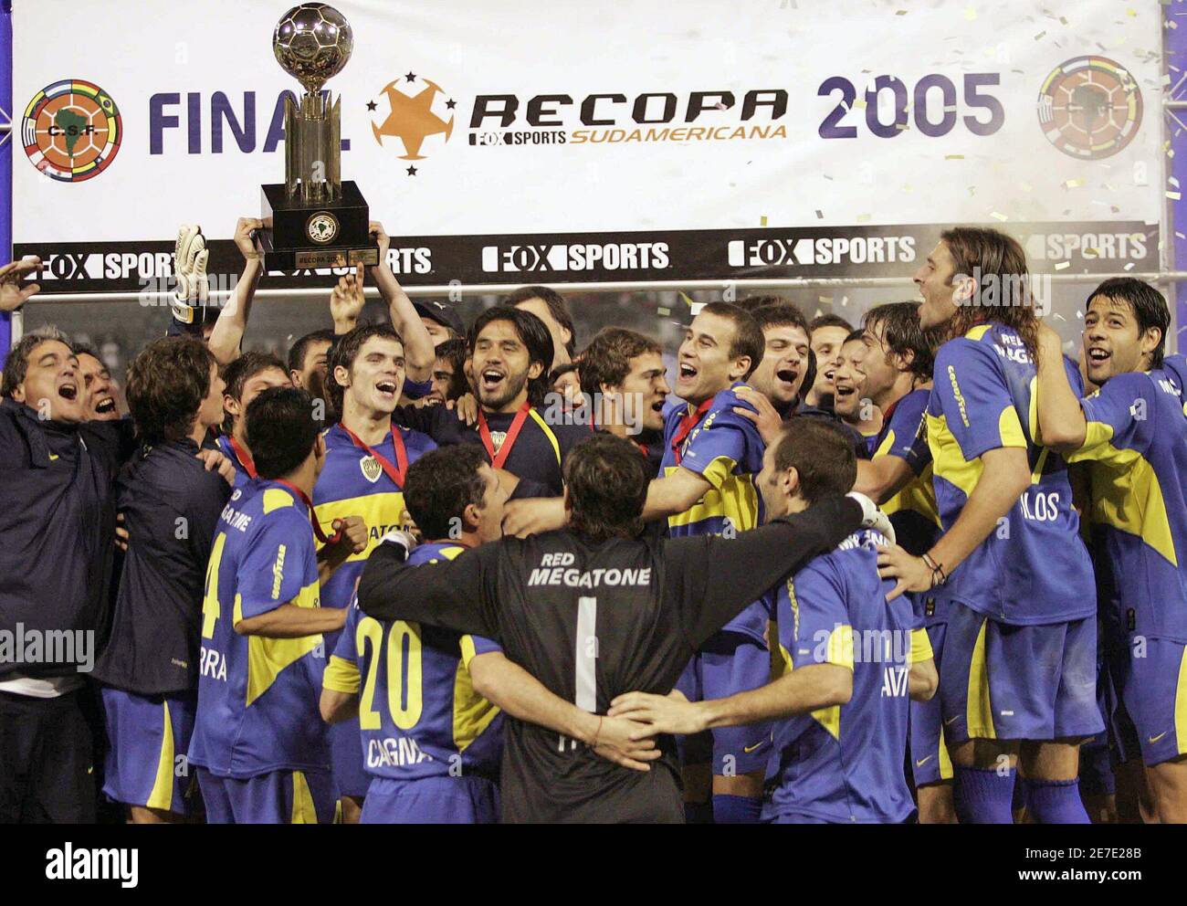 Argentina's Boca Juniors players celebrate after defeating Colombia's Once  Caldas during the Recopa Sudamericana final in Manizales, Colombia.  Argentina's Boca Juniors soccer players celebrate after defeating  Colombia's Once Caldas during the Recopa