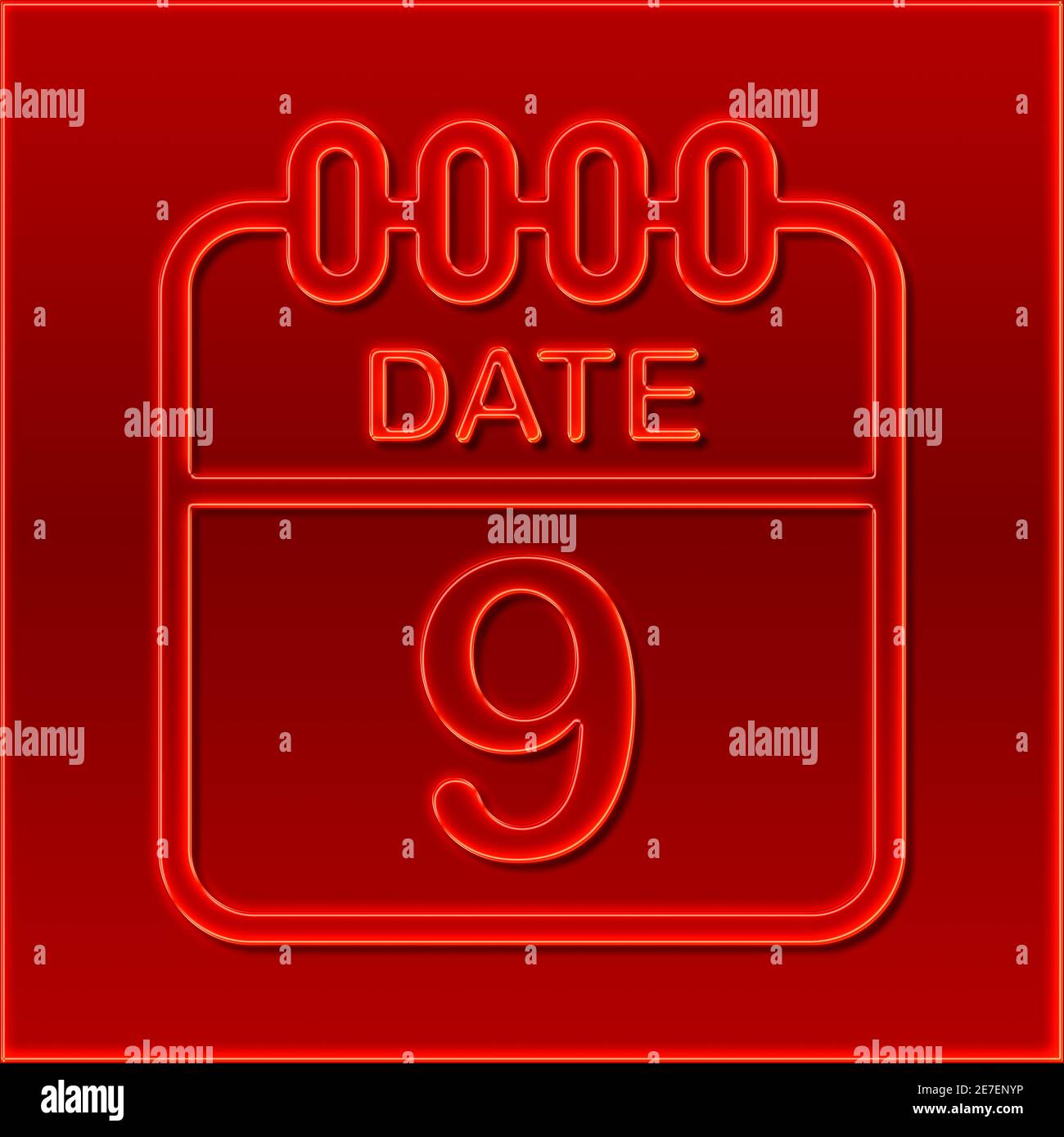 Un calendario en el diseño de un signo de neón rojo muestra la fecha 9 Foto de stock