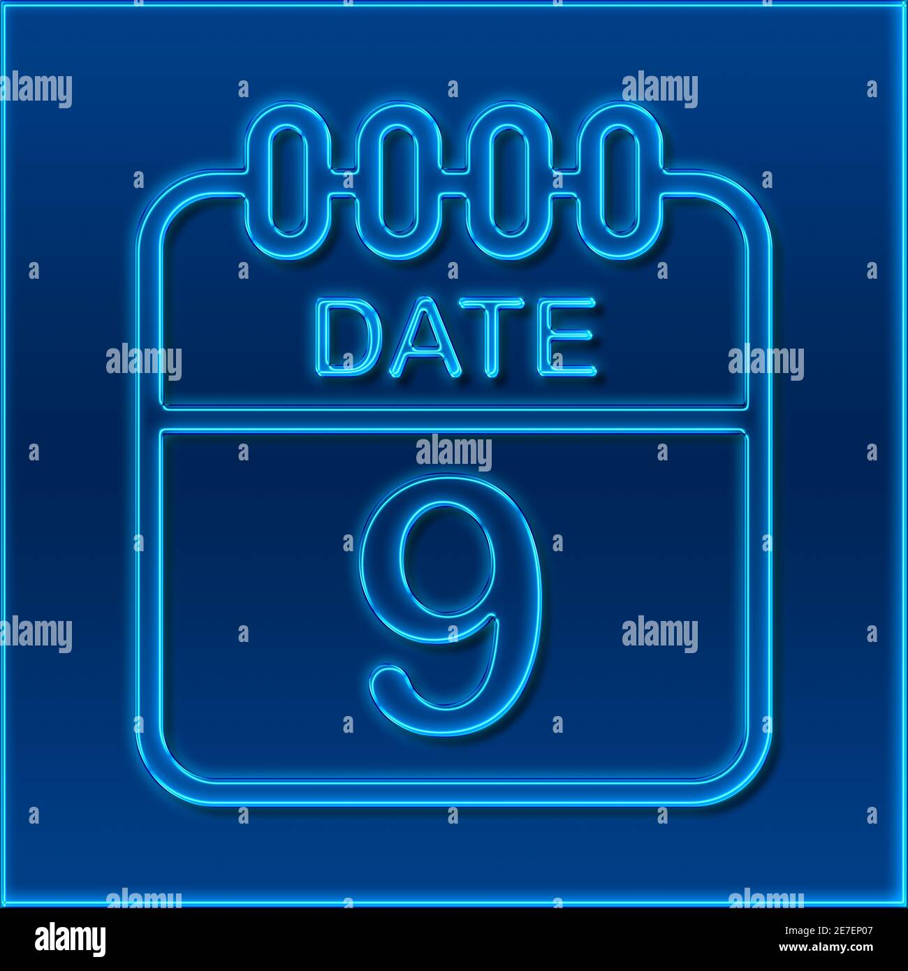 Un calendario en el diseño de un signo de neón azul muestra la fecha 9 Foto de stock