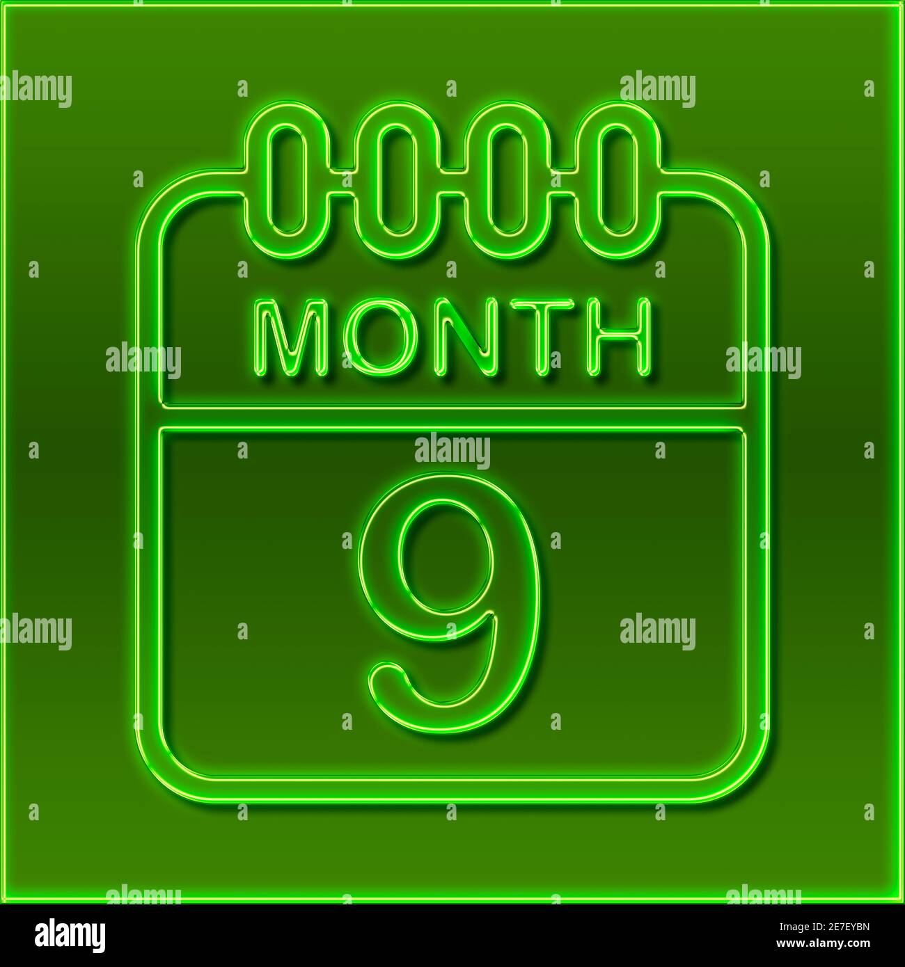 Un calendario en el diseño de un signo de neón verde Muestra el mes 9 Foto de stock