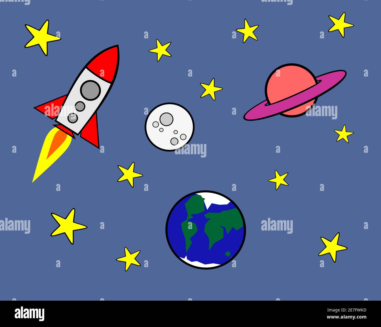 Dibujos animados de un cohete en el espacio con estrellas, la luna, saturno  y el planeta tierra, dibujando con contorno negro Imagen Vector de stock -  Alamy