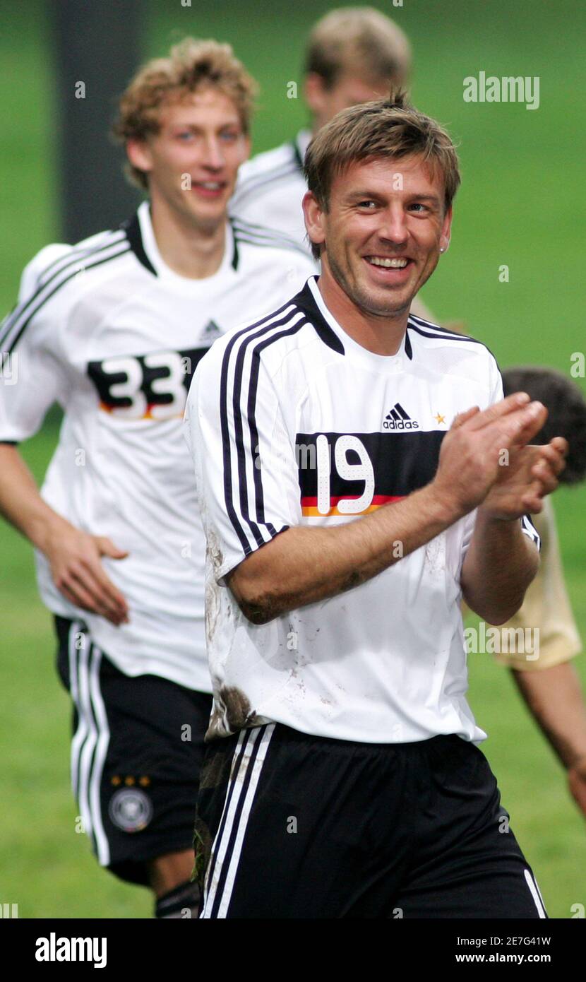 German national team players Stefan Kiessling (L) und Bernd Schneider (R) wearing the official Euro 2008 German team film a TV commercial for Adidas and the German Soccer Federation (DFB)