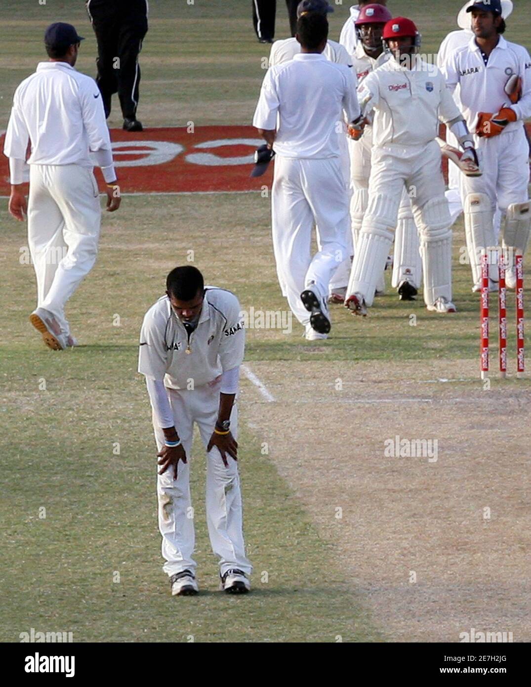 India S S Sreesanth Below Reacts At End Of Play After Failing To Take The Last West Indies Wicket In The Last Over Of The First Test Cricket Match In St John S June