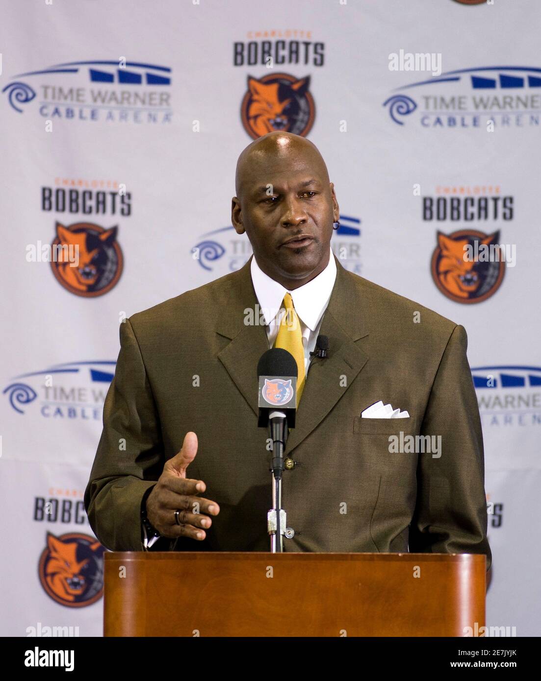 Michael Jordan speaks during a news conference in Charlotte, North Carolina  March 18, 2010. Jordan became the first former National Basketball  Association player to be the majority owner of a team when