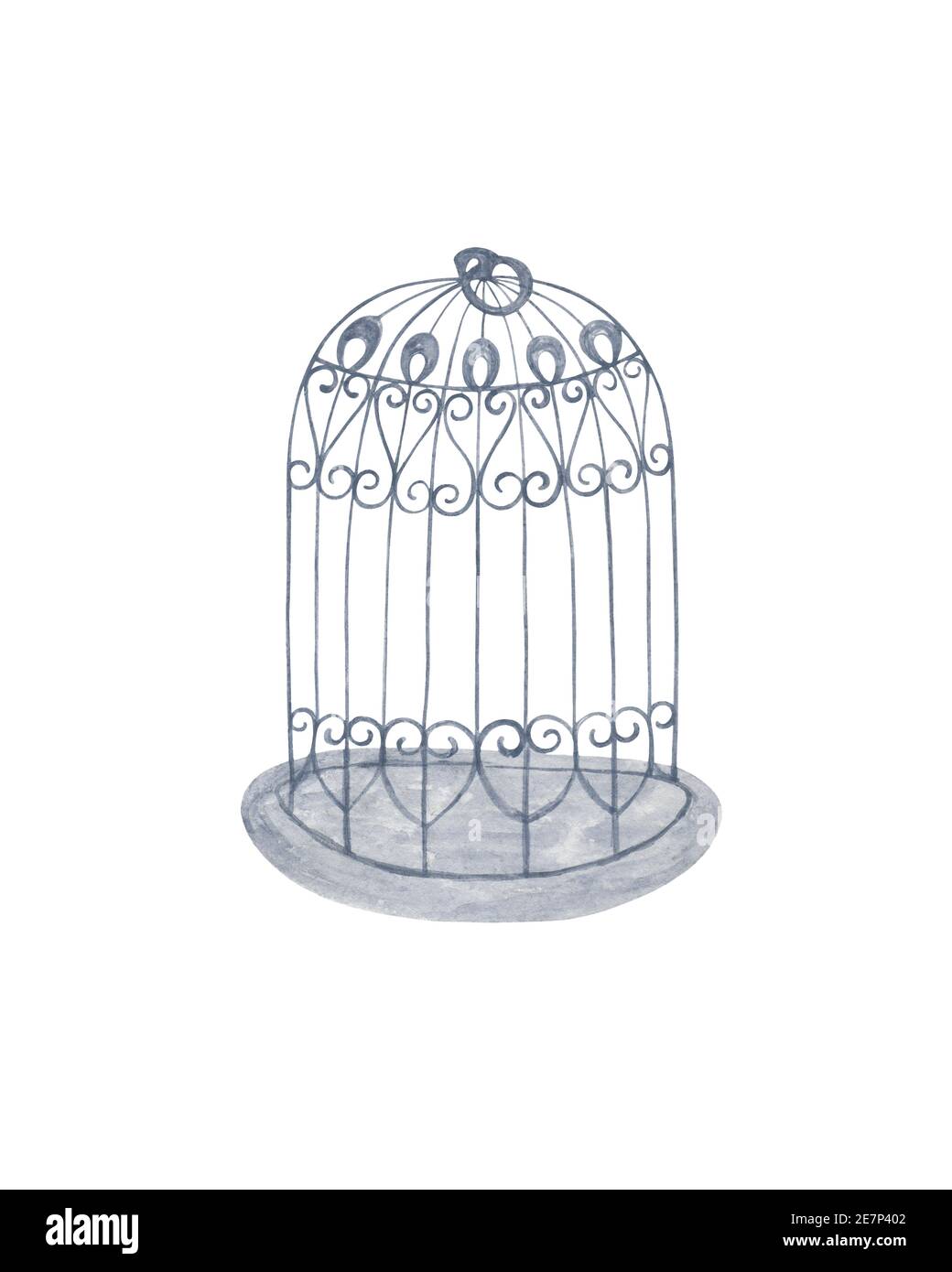Jaula de aves en estilo vintage ilustración acuarela para el diseño de la ceremonia de boda, invitación, tarjetas de felicitación, fino objeto metálico exquisito, mascota en casa Foto de stock