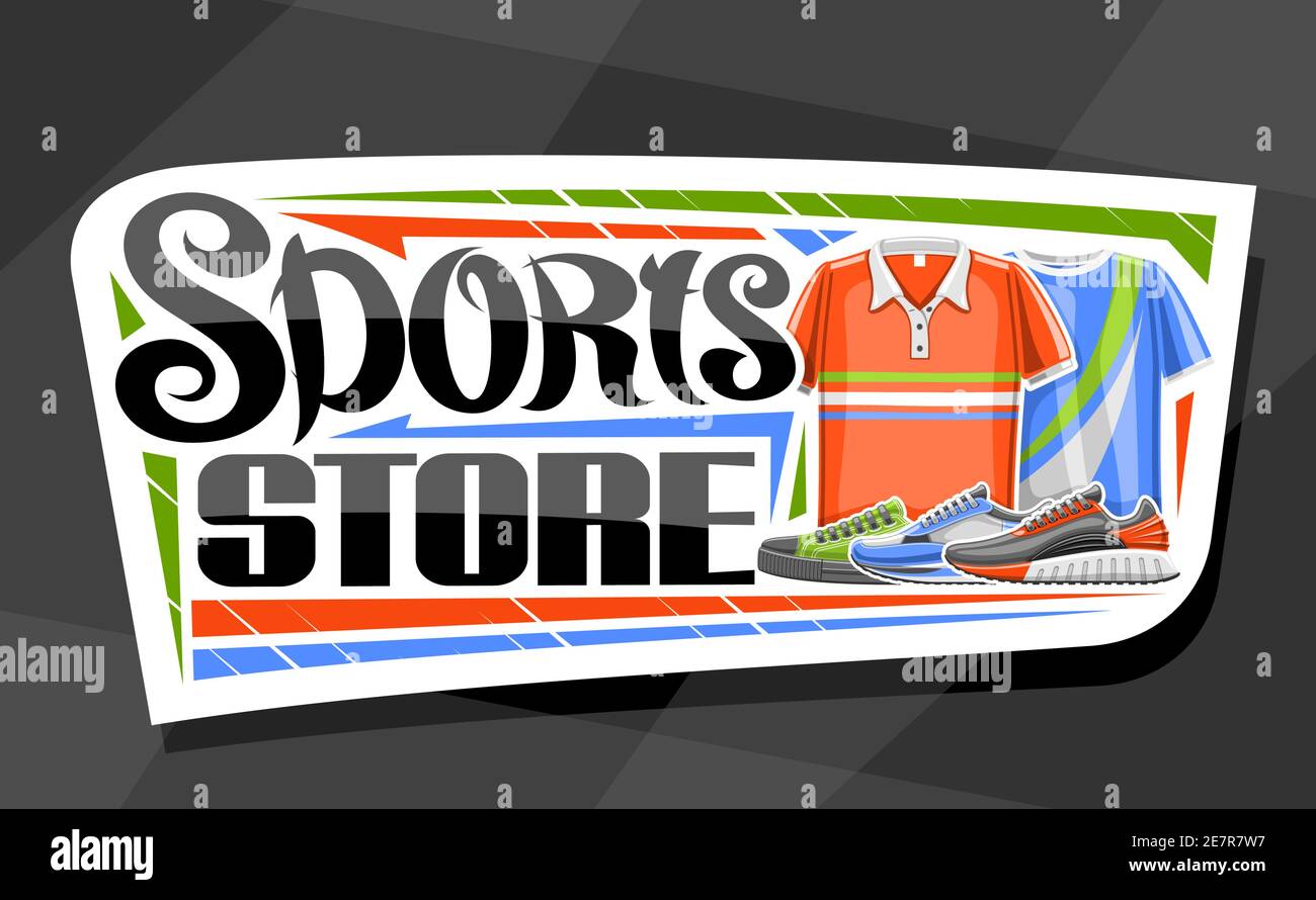 Vector logo para Tienda de Deportes, tablero de anuncios blanco decorativo  para tienda de artículos deportivos con ilustración de zapatos y ropa  modernos para el estilo de vida de la actividad Imagen