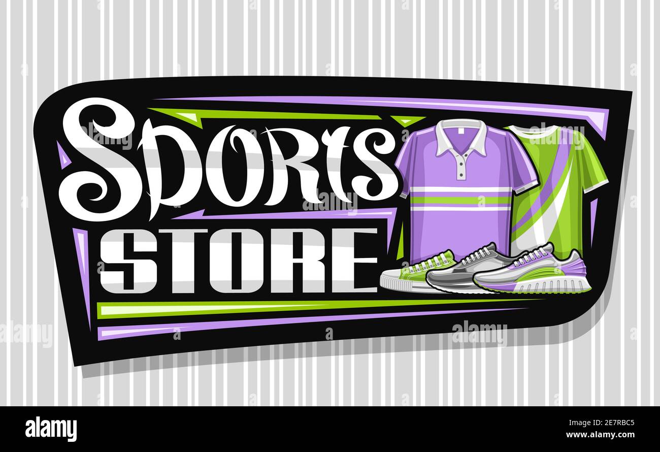 Vector logo para la Tienda de Deportes, cartel decorativo negro para la  tienda de artículos deportivos con ilustración de zapatos y ropa de moda  para el estilo de vida de la actividad