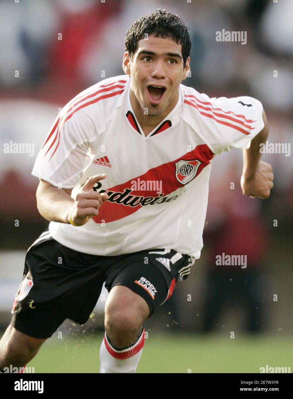 River Plate's Colombian striker Radamel Falcao Garcia celebrates after  scoring his team's third goal during their Argentine First Division soccer  match against Independiente at Monumental stadium in Buenos Aires, October  2, 2005.