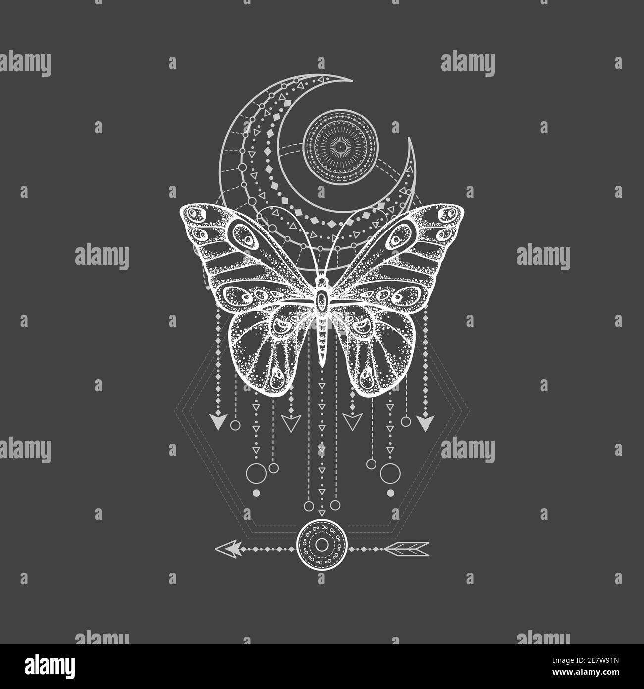 Ilustración vectorial con mariposa dibujada a mano y símbolo geométrico sagrado sobre fondo negro. Signo místico abstracto. Forma lineal blanca. Para usted desig Ilustración del Vector