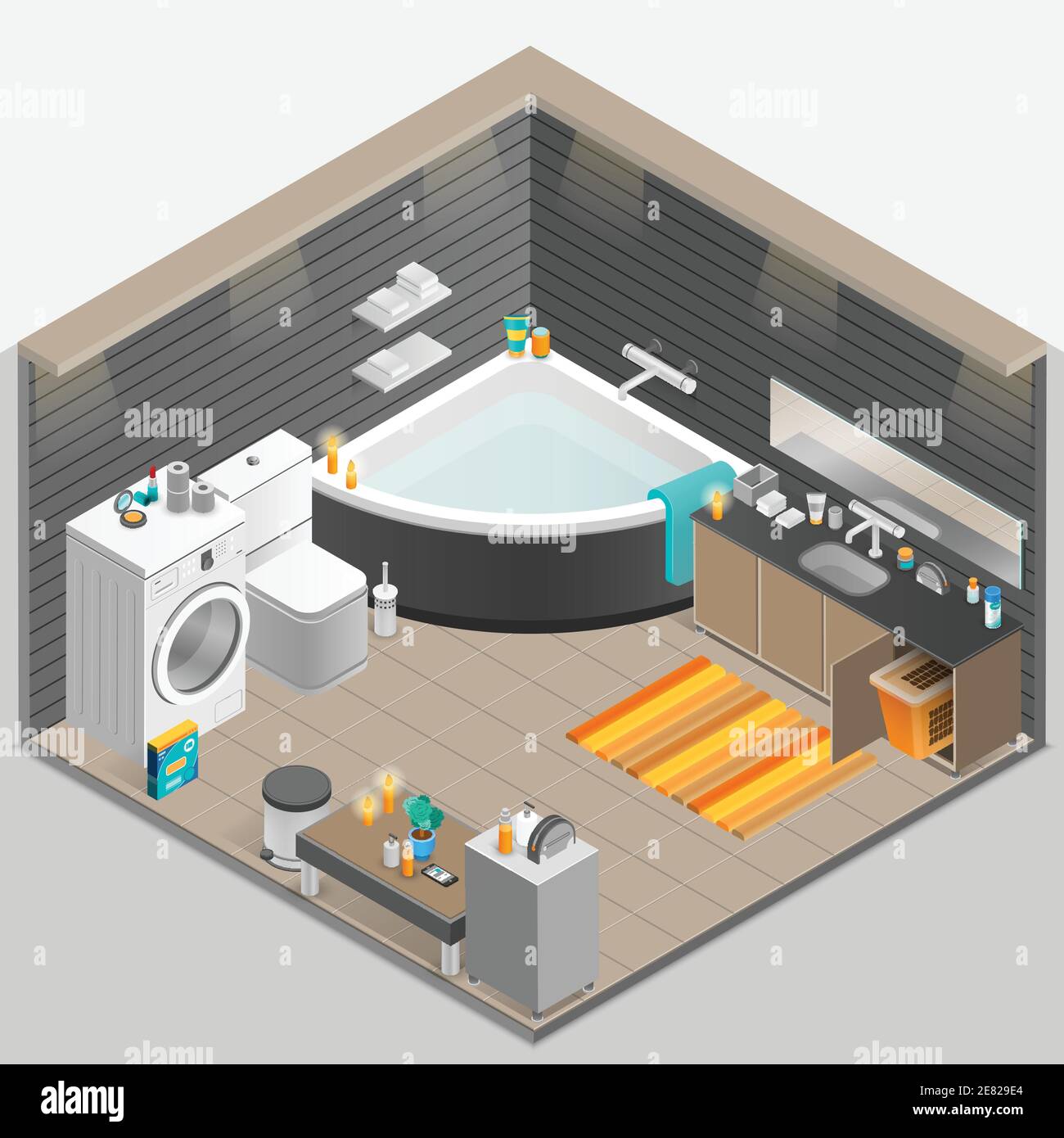 Baño con velas lavadora de baño y espejo vector isométrico ilustración