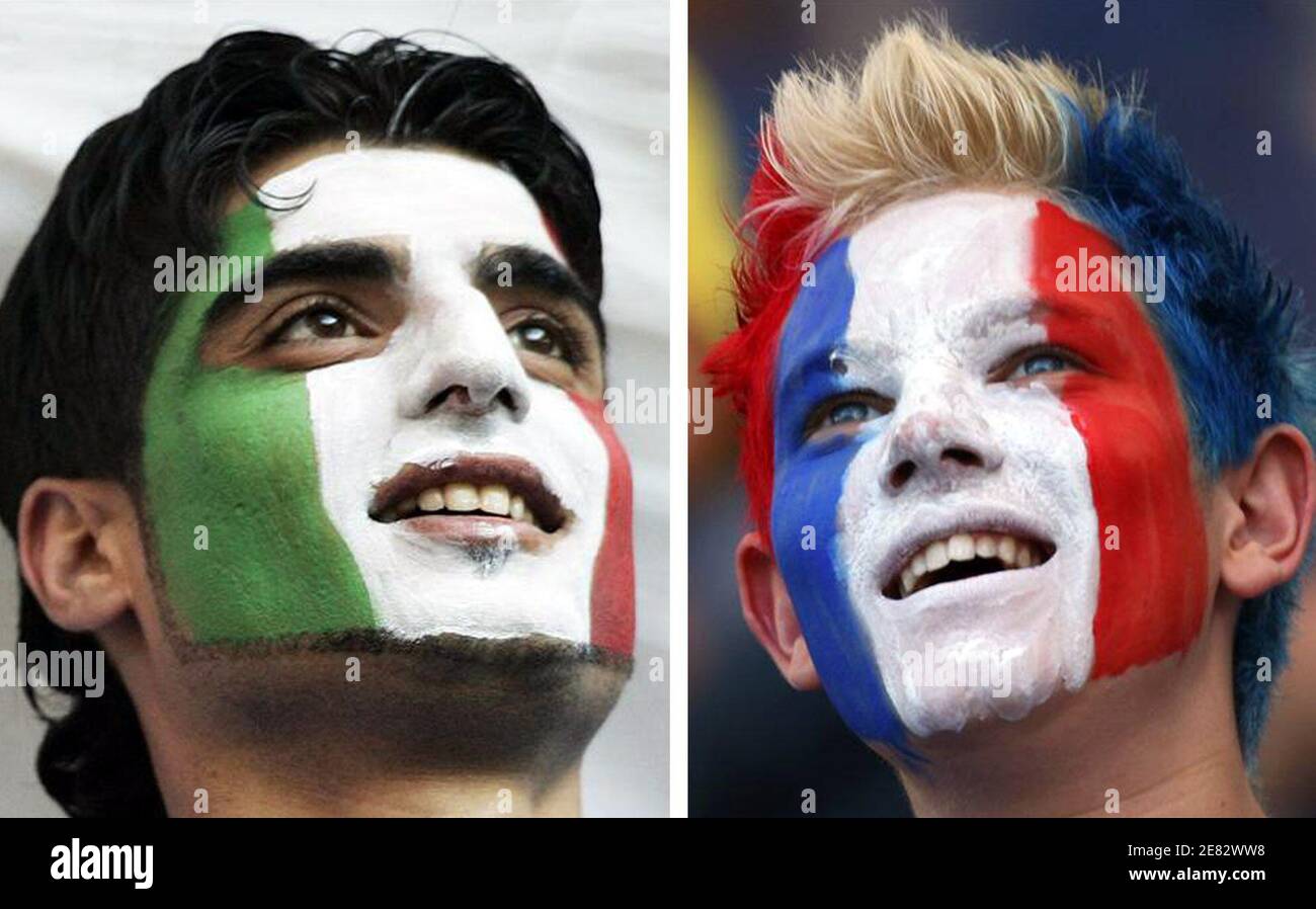 Una imagen combinada muestra a los aficionados al fútbol con caras pintadas (de L) Italia y Francia durante el torneo de la Copa Mundial 2006 en Alemania. Italia va a jugar a Francia en la final de la Copa del Mundo en Berlín el 9 de julio. REUTERS/personal (ALEMANIA) Foto de stock