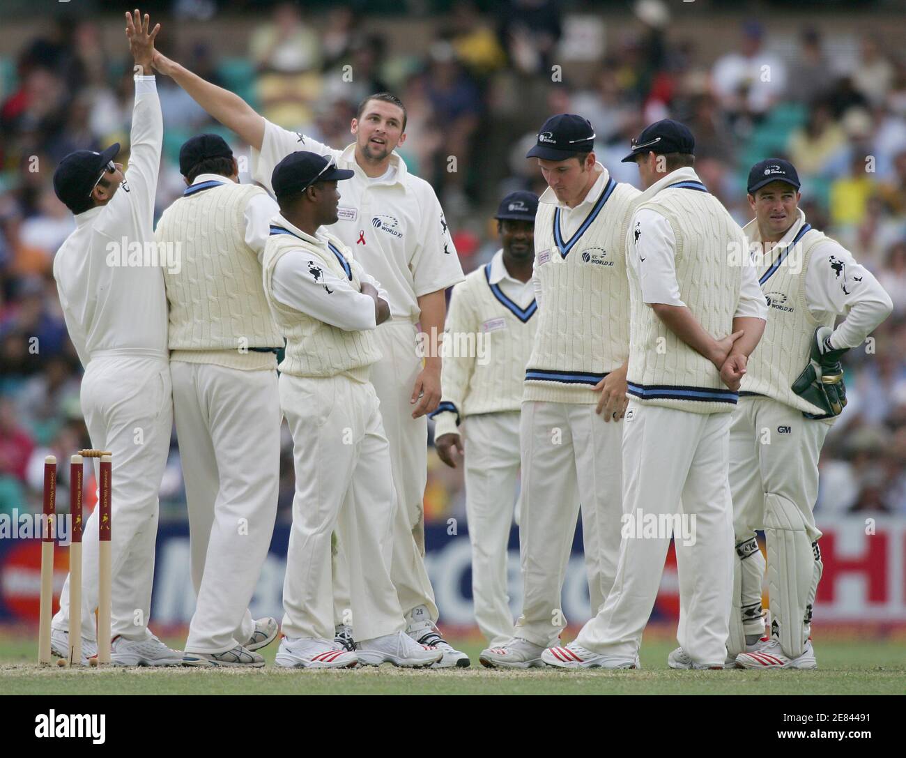 Steve Harmison of the World XI (4th left) is joined by team mates as he celebrates the wicket Matthew Hayden for 77 runs during day three of the Super Test in Sydney October 16, 2005. Australia are playing the World XI team in a one-off test match, after winning all three limited day matches in Melbourne last week. REUTERS/Will Burgess Foto de stock