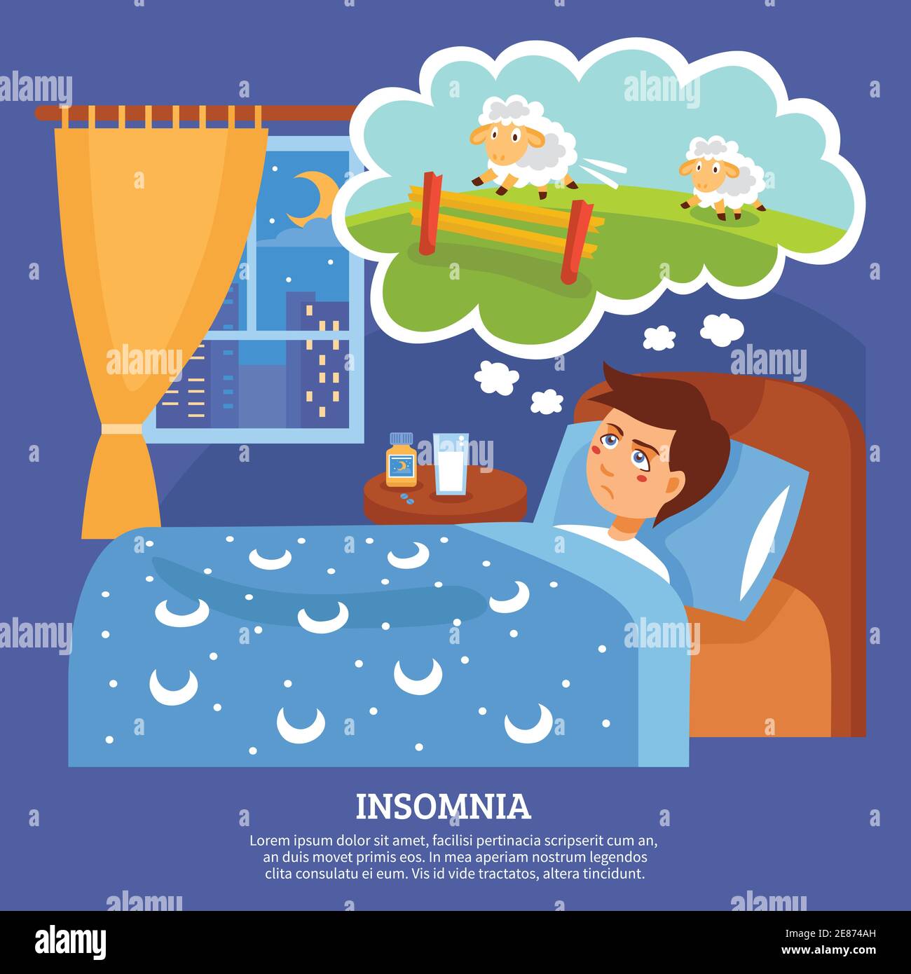 Insomnio síntomas del trastorno del sueño con consejos de curación nocturna  sin dormir póster ilustración vectorial abstracta Imagen Vector de stock -  Alamy