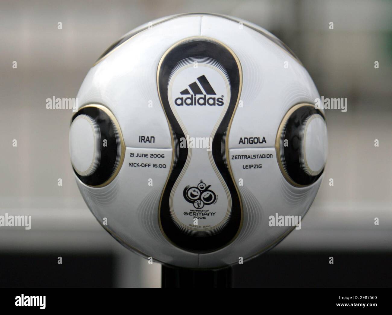 The soccer ball for the FIFA 2006 Soccer World Cup match between Iran and  Angola in Leipzig is presented to the media in Berlin April 18, 2006.  President of Germany's World Cup