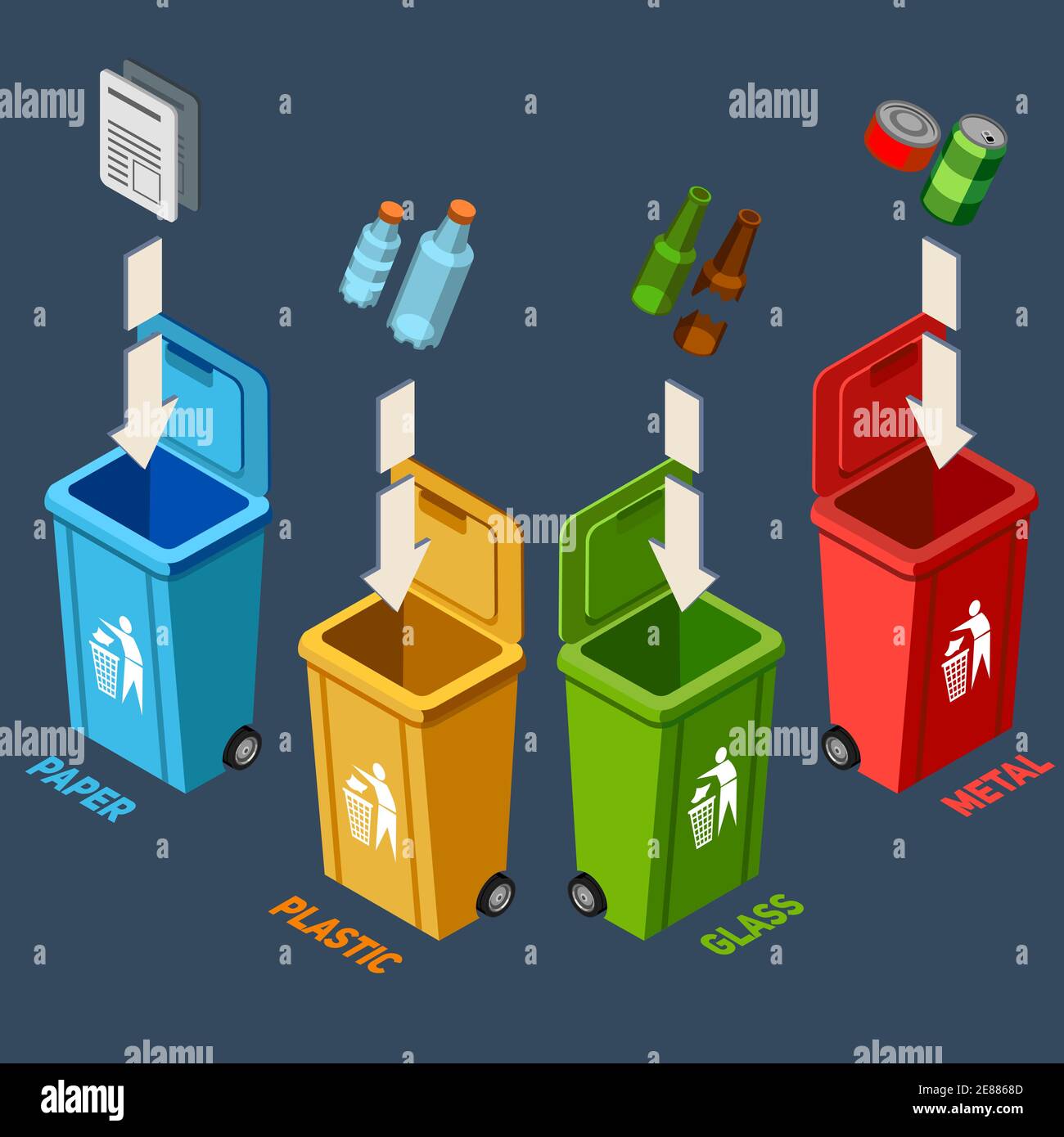 Conjunto de ilustraciones vectoriales de dibujos animados de diferentes  contenedores de basura. cubos de basura para basura metálica, electrónica,  plástica, de vidrio, orgánica y de papel. separación y reciclaje de  residuos, concepto
