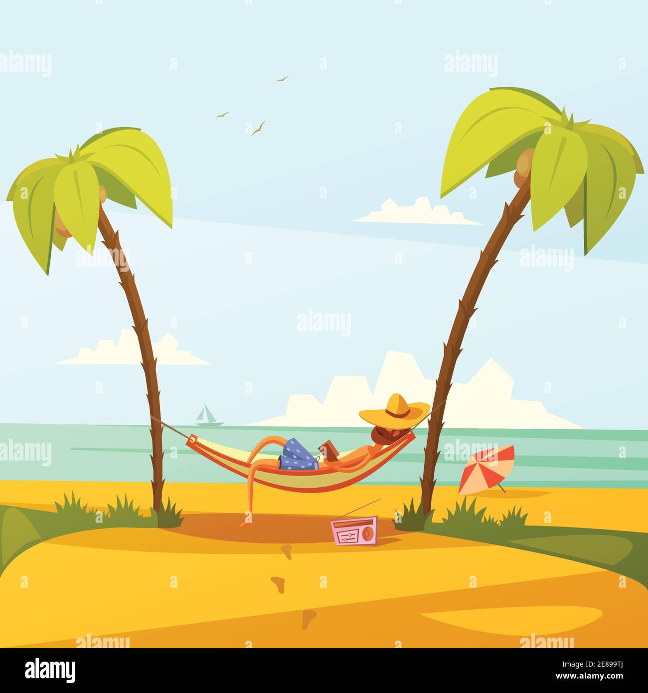 Hombre en el fondo de la playa con hamaca sombrero radio y.. ilustración  vectorial de dibujos animados de las palmas Imagen Vector de stock - Alamy