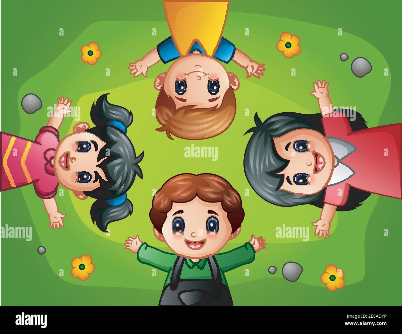 Ilustración vectorial de niños Cartoon tumbados sobre hierba verde