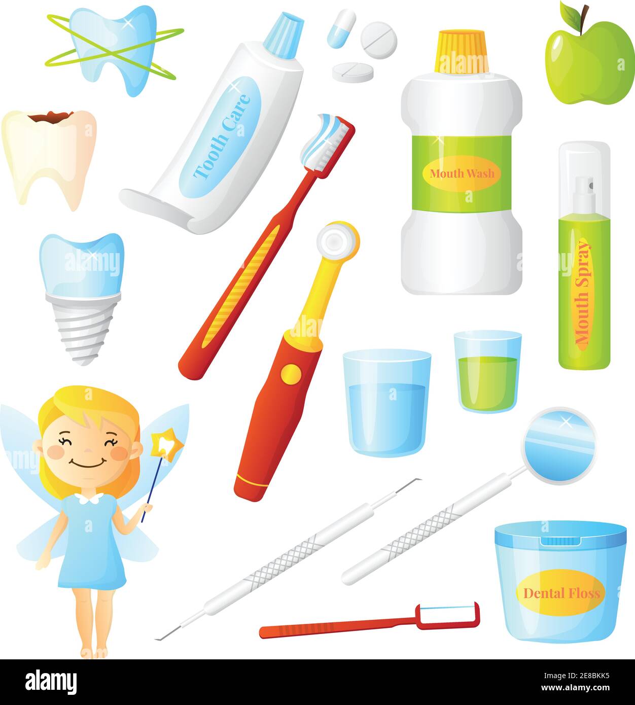 Conjunto de dentista plano para la higiene dental y los dientes sanos ...