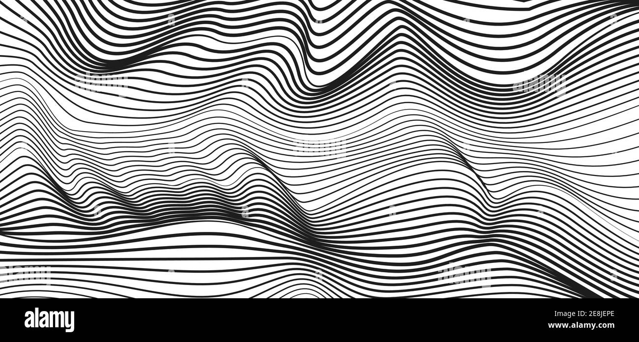 Curvas finas de escuadrón. Fondo abstracto negro, blanco rayado. Diseño artístico de línea tecnológica. Ilusión óptica. Textura monocroma. Patrón de onda vectorial. EPS10 Ilustración del Vector