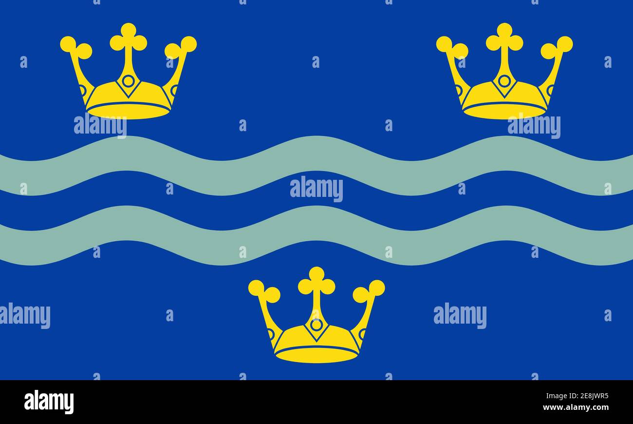 Bandera de Cambridgeshire tres coronas de oro representan Anglia Oriental,  con onduladas líneas azules que representan el río Cam Fotografía de stock  - Alamy