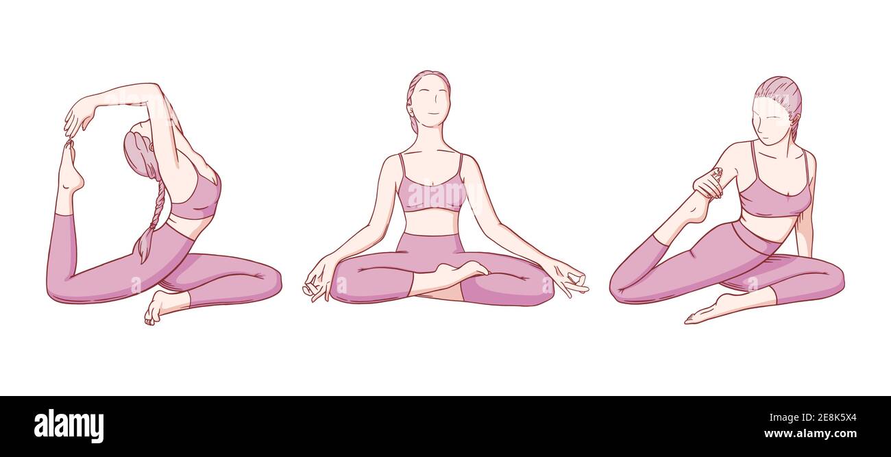 Mujer practicando yoga. Flexibilidad mejorar las posturas de yoga. Dibujo a  mano ilustración vectorial aislada sobre fondo blanco Imagen Vector de  stock - Alamy