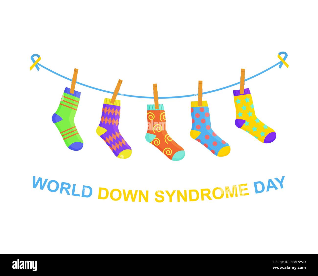 Bandera del día del síndrome de Down del mundo. Diferentes calcetines  extraños de colores colgando en la cuerda como símbolo para WDSD.  Ilustración de dibujos animados vectoriales Imagen Vector de stock -