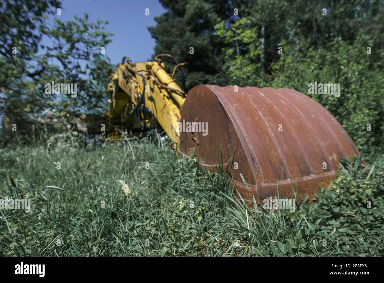 Viejo excavador abandonado con una gran pala oxidada en primer plano rodeado de plantas verdes Foto de stock