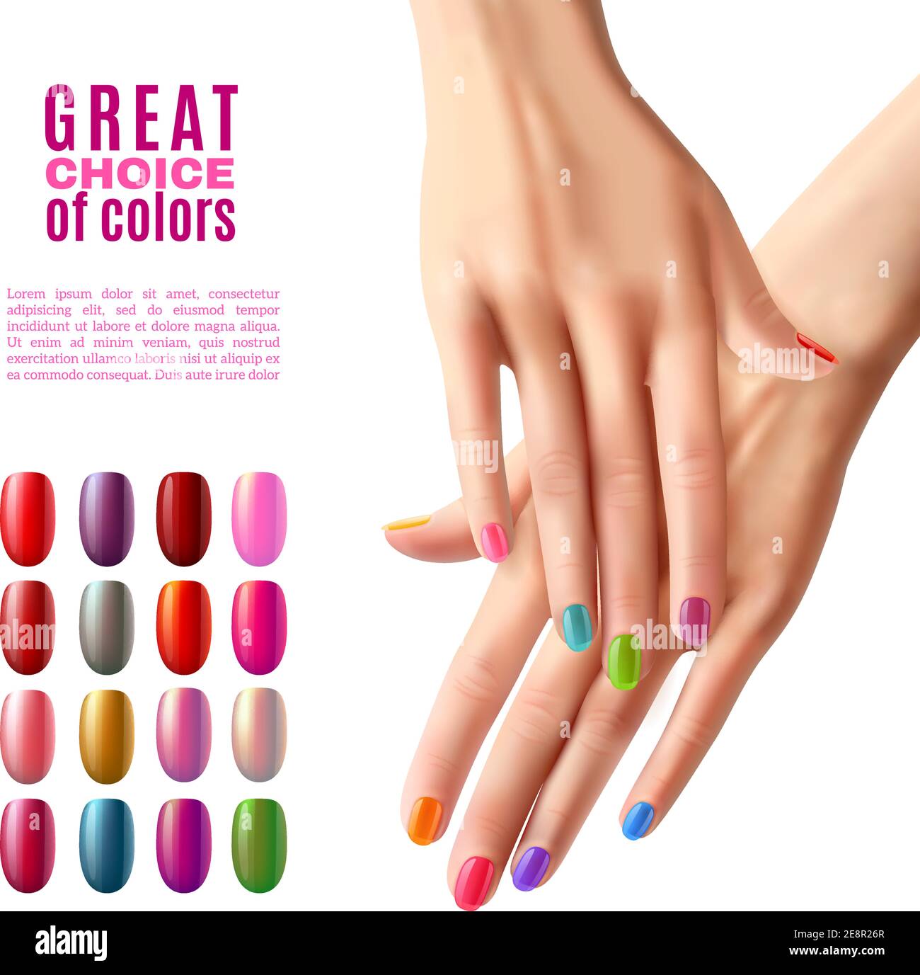 Póster publicitario de manicura con opción de uñas acrílicas falsas de  colores en los modernos tonos polaco ilustración vectorial realista Imagen  Vector de stock - Alamy