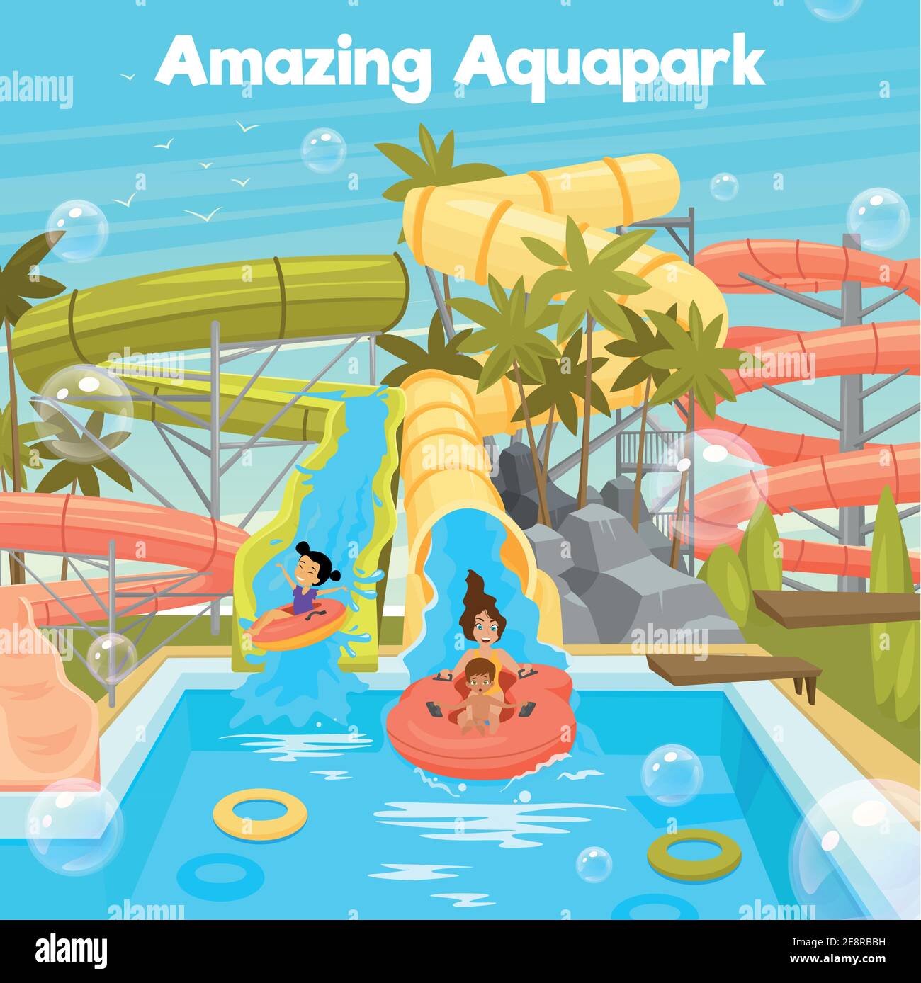 Aquapark poster plantilla con piscina de agua tubos diapositivas alegre familia y niños en estilo plano ilustración vectorial Ilustración del Vector