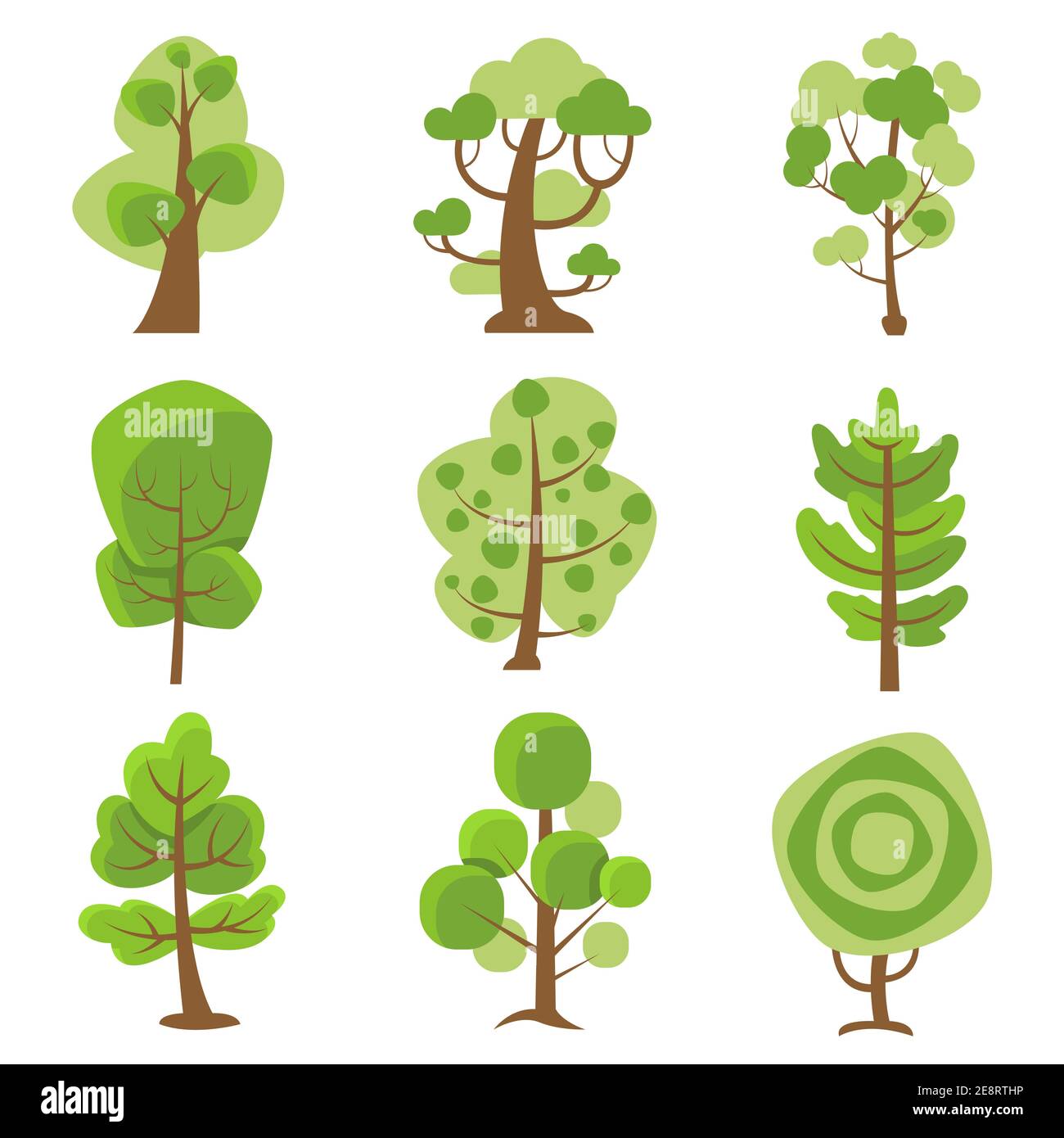 Árbol logotipo plano dibujos animados iconos decorativos sobre fondo blanco  con árboles de tipo deciduo y conífero ilustración vectorial aislada Imagen  Vector de stock - Alamy